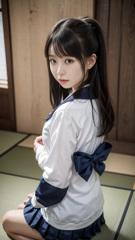 (school uniform, sailor suit, traditional Japanese style with navy blue and white colors, detailed ribbon and pleated skirt),(最高品質, 傑作, 16k, とても詳しい 、 美しい肌 , プロのライティング ) 、 木製の壁の背景 、かわいい、下から、かわいい girl、((())) 、小さな胸、 立位
