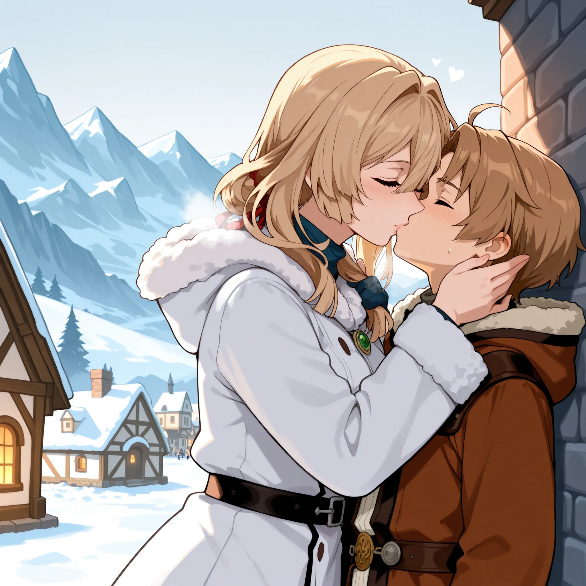 Love couple, older woman with younger man, Rudeus Greyrat and Violet Evergarden, kissing each other, snowy medieval town and mountain, winter clothes, masterpiece, best quality, High resolution