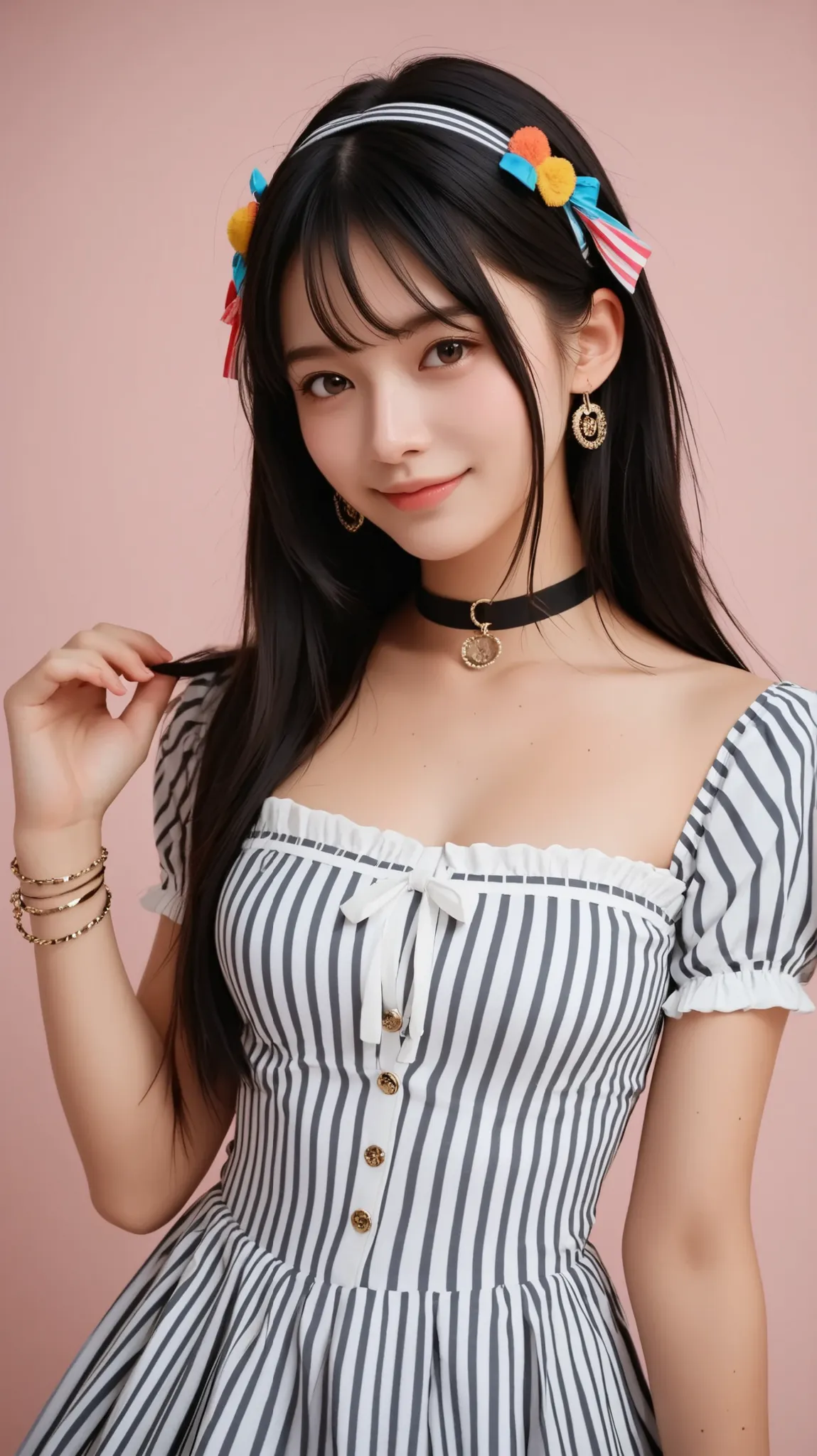 A cheerful young Japanese woman with long straight black hair, smiled warmly while touching her chin gently. She wearing a shiny toska-coloured idol-style dress with silver-fringed vertical stripes and a short skirt. Accessories she wore included a matchin...