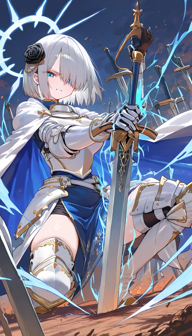 (beautiful girl : 1.3),1 girl,(White Armor,white cloak with blue embroidery,Black Rose Hair Ornament,thigh,boots), Silver Hair,bob cut,Hair Over One Eye,anger, abusive,has a sword,battlefield,Many swords stuck in the ground,Blue and White Aura from Sword,active,Dynamic Angle,masterpiece,Highest Quality,rich contrasts,high image quality,8k,High Definition CG Unit Wallpaper,texture,Incredibly Absurd, RAW photos ,Deep Boundaries 1 .2,Very Detailed