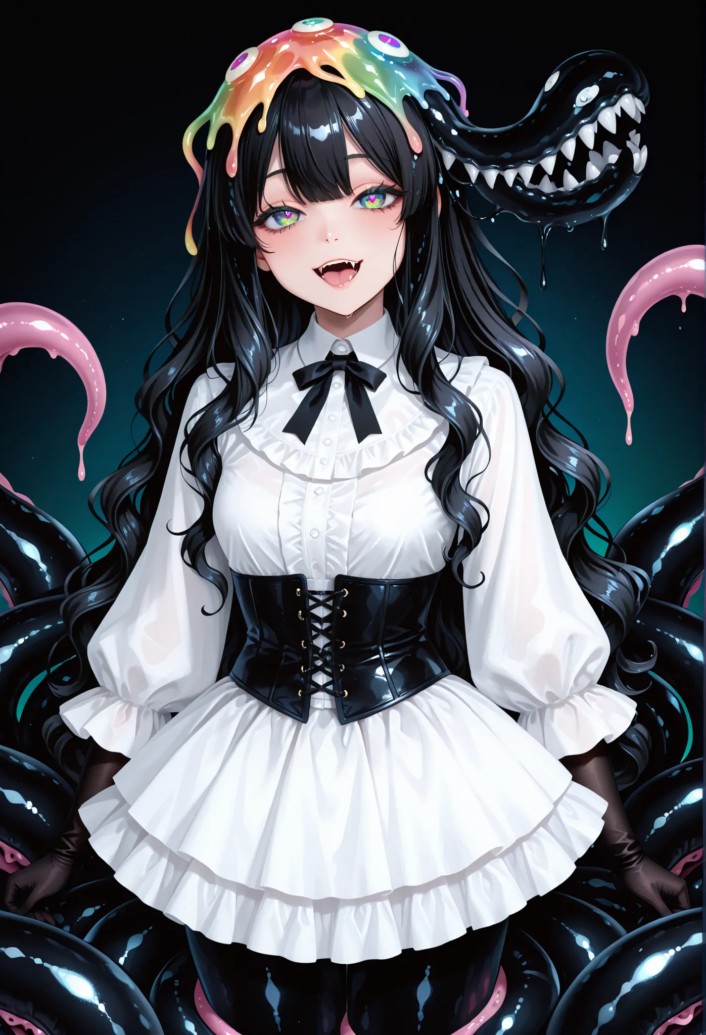 Monster girl. Black hair. Long hair. Wavy hair. Big eyes. Rainbow pupils. White blouse. Corset. Ruffled skirt. Black gloves. Slime tentacles. Black slime. Hair monster. Mouth on head. Sea-anemone on head. Fangs growing from its hair.