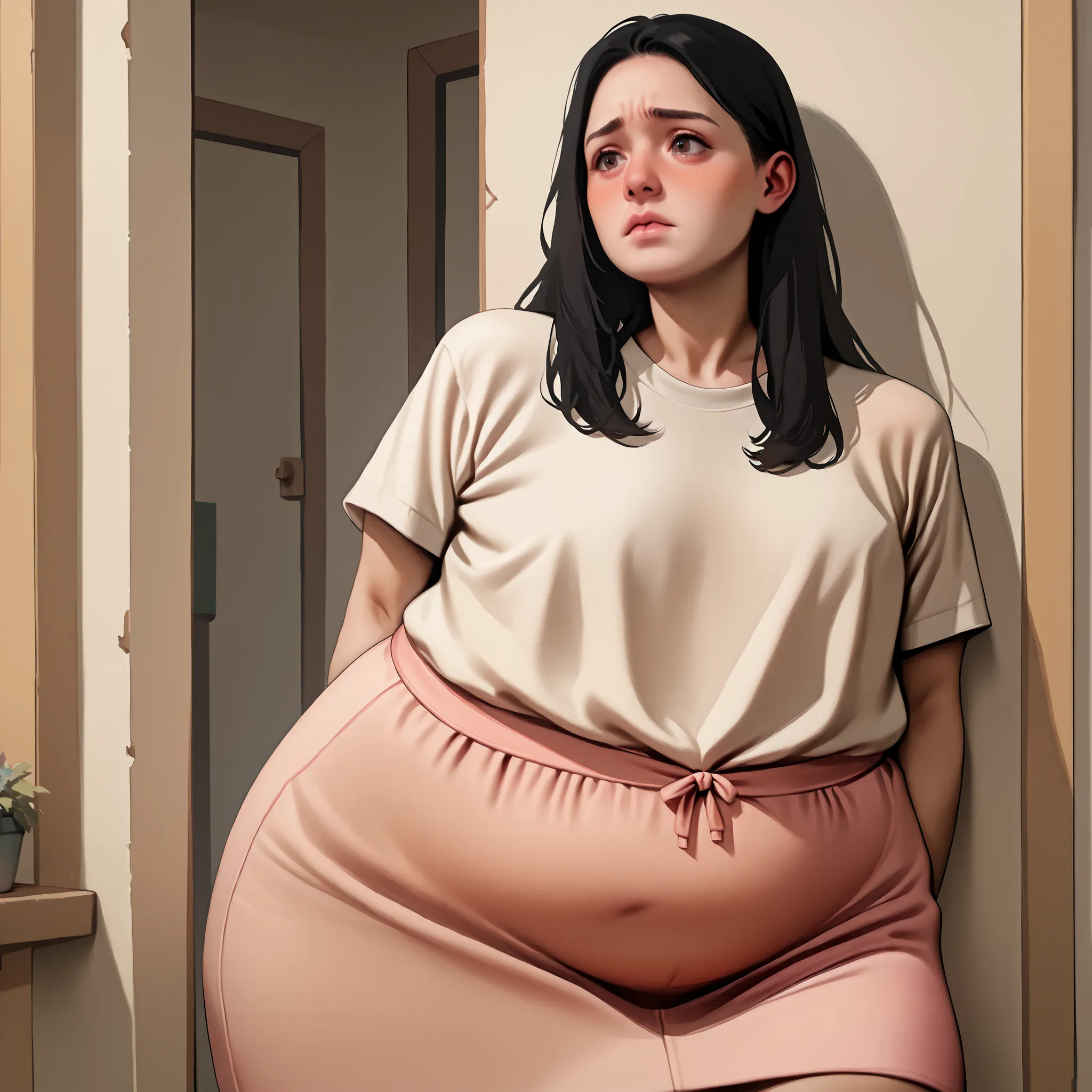 (masterpiece, best quality:1.2), 1 girl, Solitary,Standing_,
, long hair, black hair,white shirt, pink skirt, realistic body, slightly chubby body, blushing, insecure, curvy, self-conscious, shy,