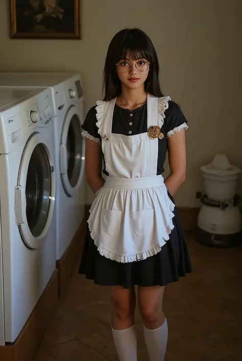 ((Highest Quality、masterpiece、high sensitivity、high definition、detailed depiction、delicate facial depiction、Ｆvalue：6.0),((Slender Woman、wearing glasses)),maid clothes、apron skirt、high socks、laundry、with a happy smile、