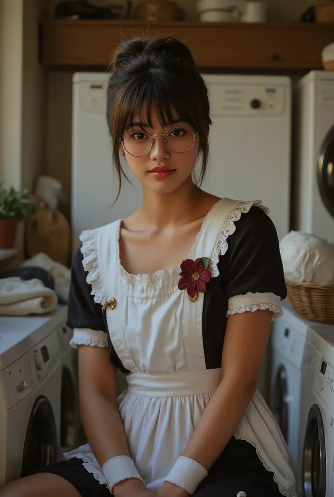 ((Highest Quality、masterpiece、high sensitivity、high definition、detailed depiction、delicate facial depiction、Ｆvalue：6.0),((Slender Woman、wearing glasses)),maid clothes、apron skirt、high socks、laundry、with a happy smile、