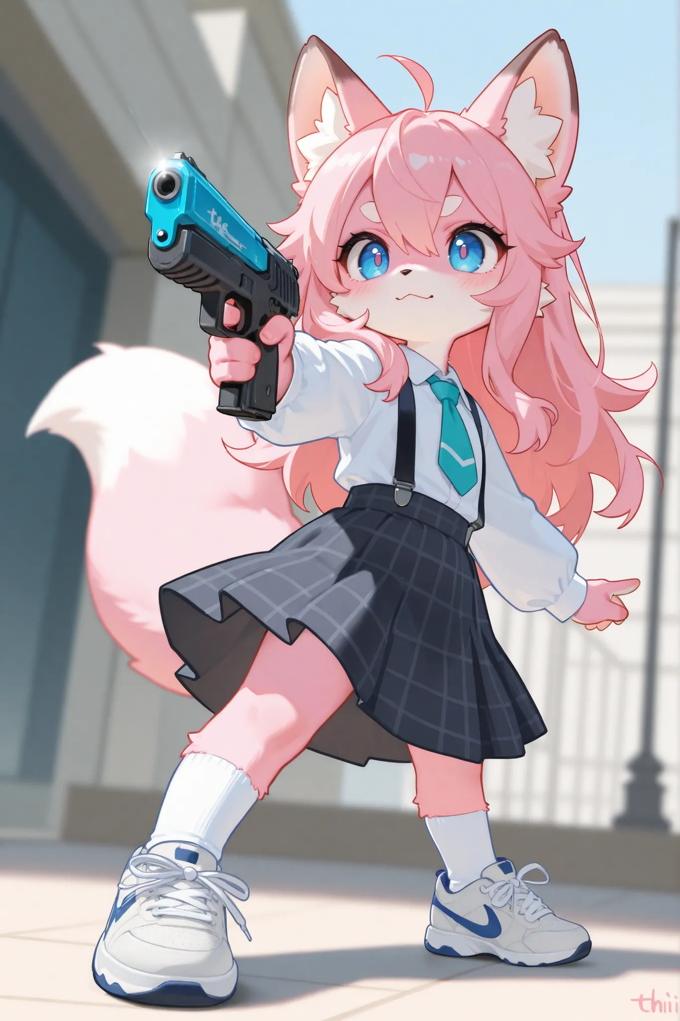 (Masterpiece: 1.2), (Highest Quality), (Super Detailed), (Super High Resolution), (Best Illustrations),A cute Furry Fox girl ,Random skin color, hair color and eye color,wearing a white long-sleeve shirt with a teal tie and black suspenders, paired with a ...