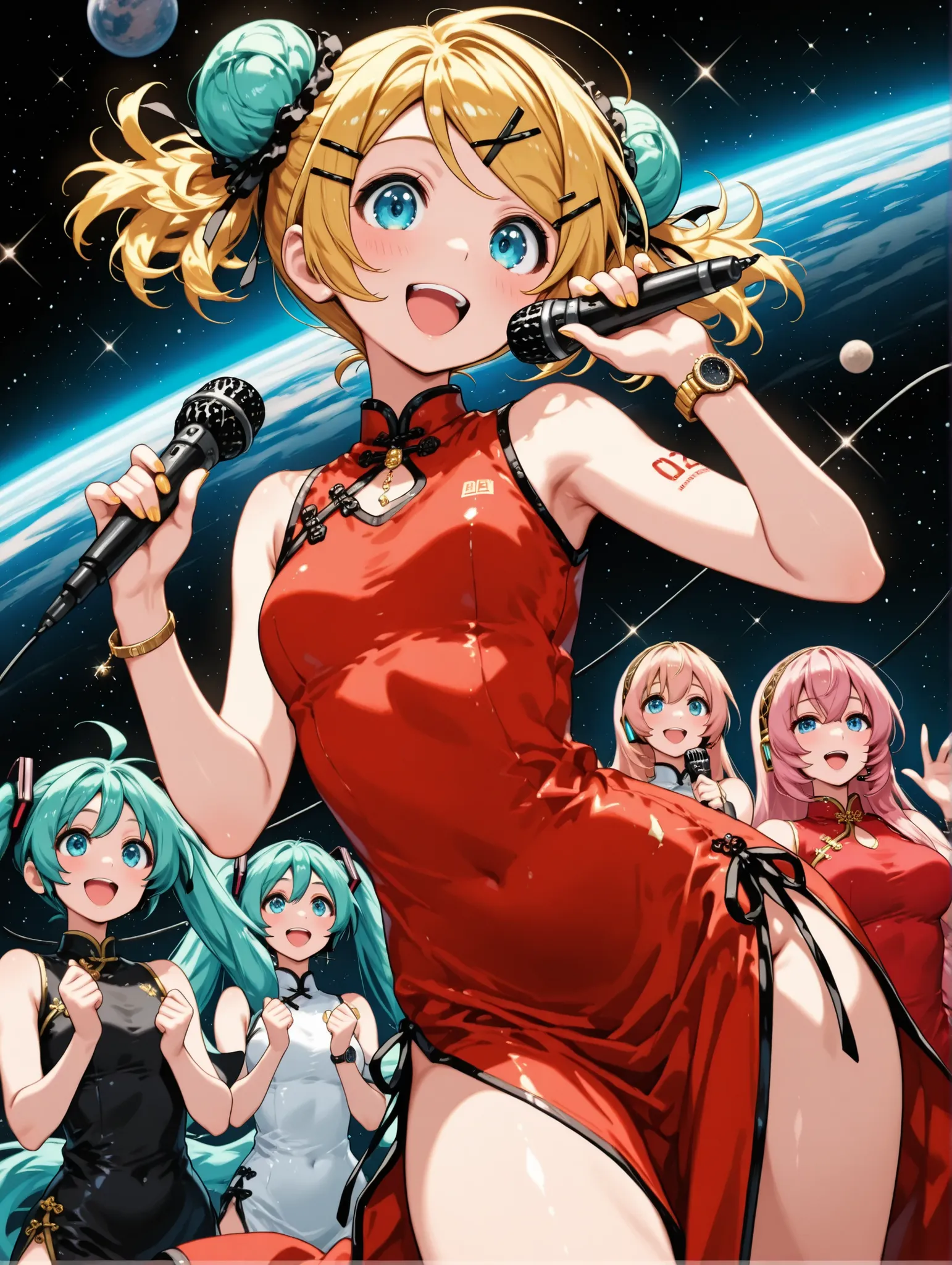 (masterpiece、Highest Quality、Highest Quality、Official Art、beautiful and beautiful:1.2)、Three girls practicing dancing in a pop studio(Hatsune Miku& Kagamine Rin&Megurine Luka）beautiful breasts、Light green bun hair、beautiful breasts, watch viewers, smile,re...