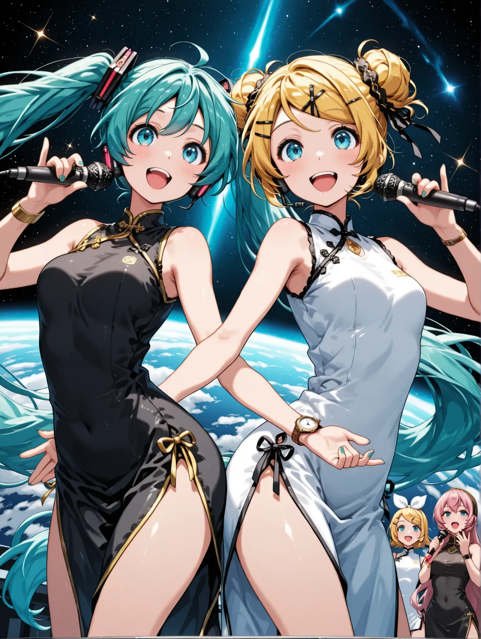 (masterpiece、Highest Quality、Highest Quality、Official Art、beautiful and beautiful:1.2)、Three girls practicing dancing in a pop studio(Hatsune Miku& Kagamine Rin&Megurine Luka)、beautiful breasts、bun hair、 watch viewers, smile,china dress、open your mouth, bl...
