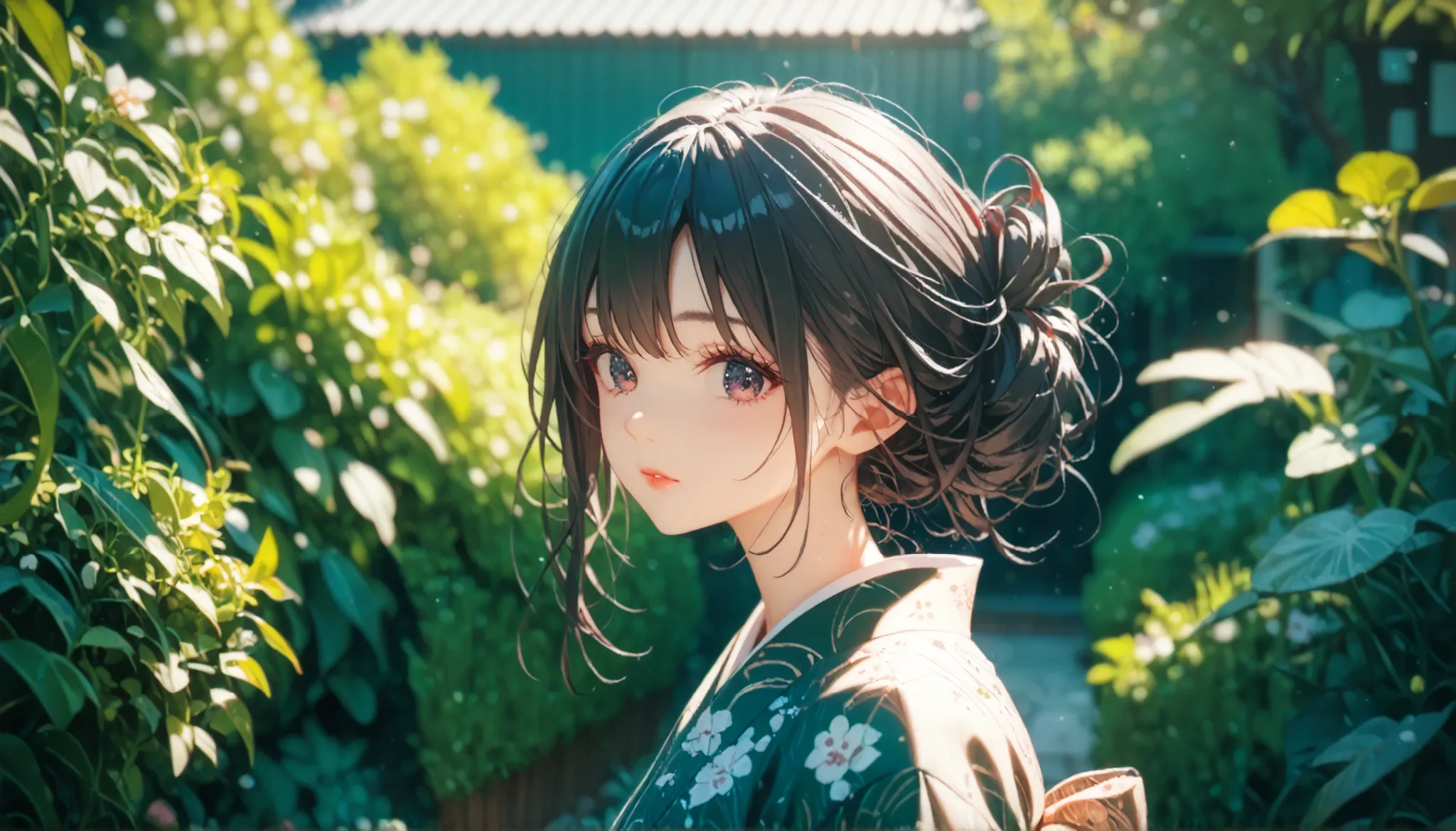 ((((best quality)), ((masterpiece)), (detailed face and eyes), perfect face, accurate, textured skin, high details, highres, green garden, kimono, kanzashi, black hair, Japanese style outfit, beauty, sunlight,