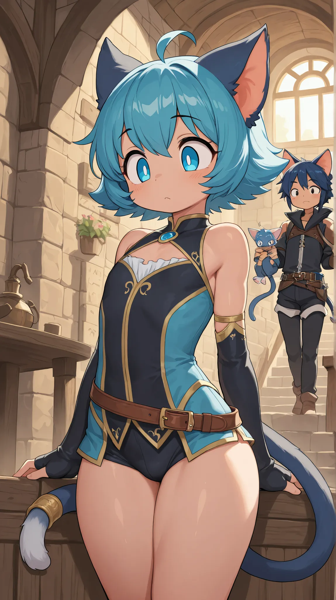Shota, Blue hair ,(cute),Muscular,Narrow eyes , cat ears, ( masterpiece),Cebu ,(4K), fantasy, magical atmosphere, 1 person, female, ( femboy ,big ,thighs)
