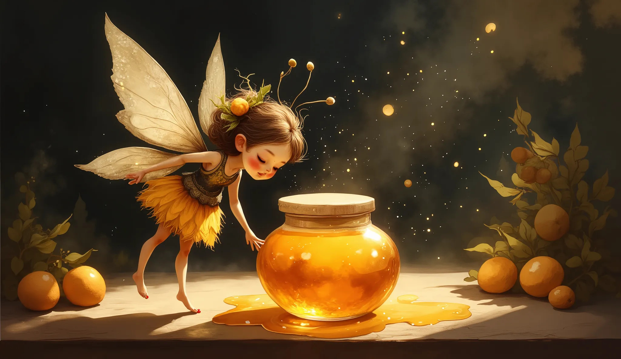 In Whimsical Art style, A big pot of honey on the table, a small fairy dressed as a bee look inside of the pot curious. The mood is happy. The background is dark