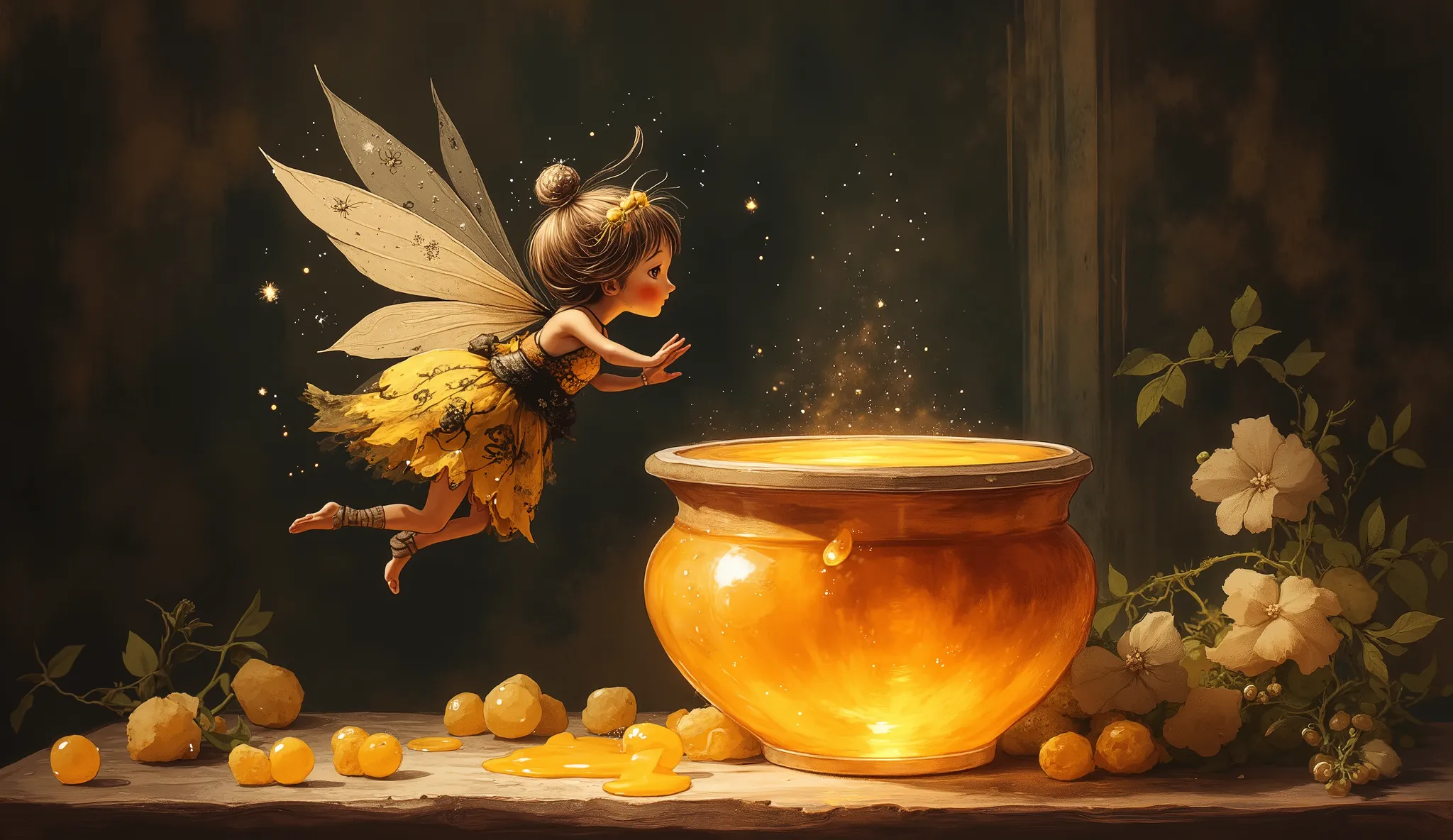 In Whimsical Art style, A big pot of honey on the table, a small fairy dressed as a bee look inside of the pot curious. The mood is happy. The background is dark