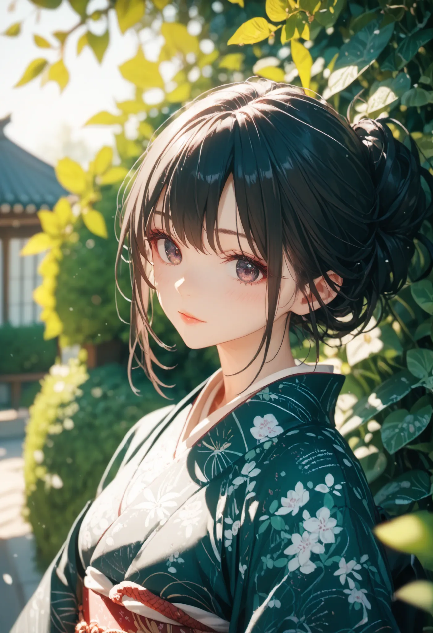 ((((best quality)), ((masterpiece)), (detailed face and eyes), perfect face, accurate, textured skin, high details, highres, green garden, kimono, kanzashi, black hair, Japanese style outfit, beauty, sunlight,