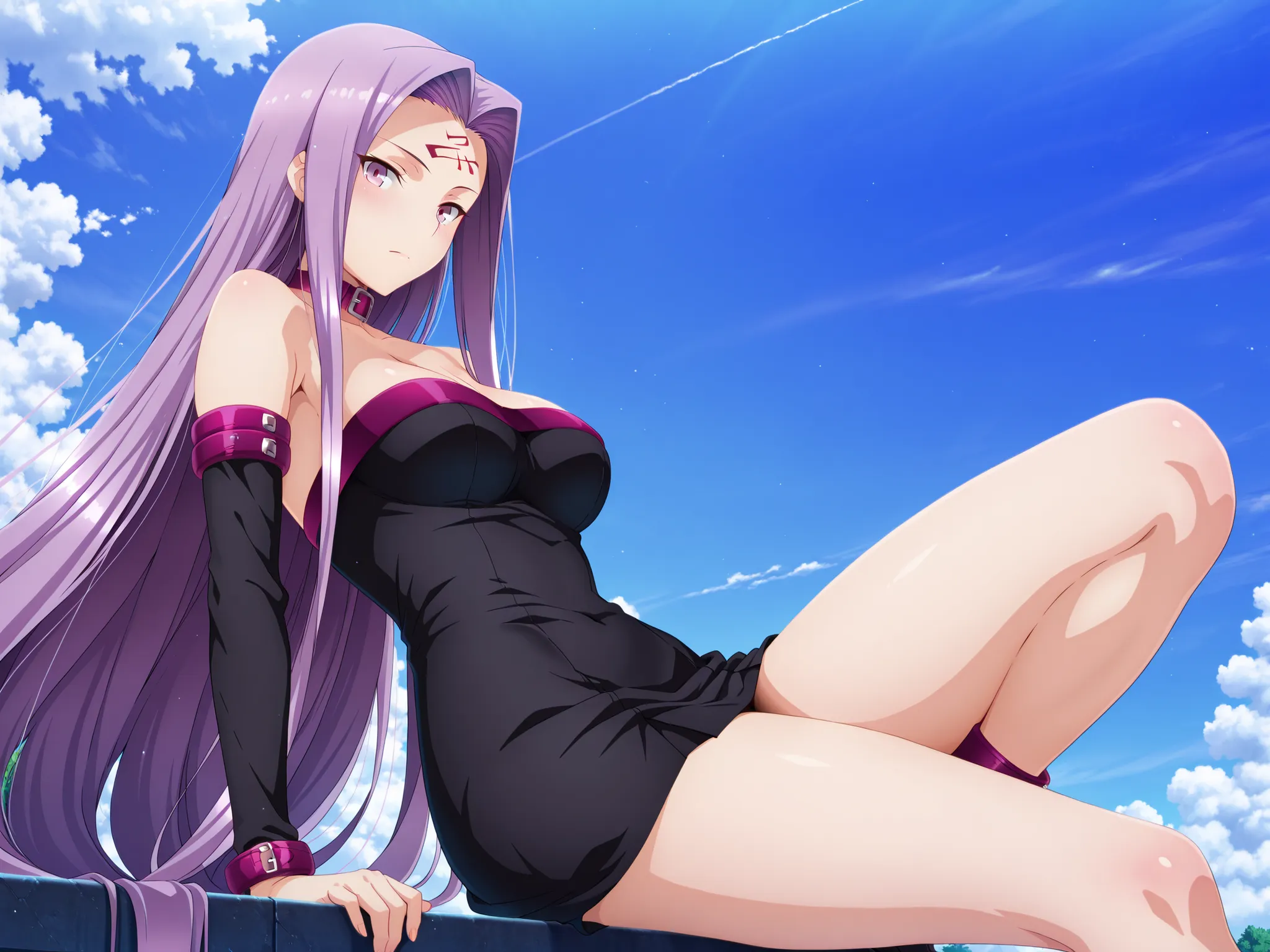 solo,masterpiece,best quality, amazing quality, highres, absurdres, very aesthetic, high resolution, ultra detailed, perfect details,medusa (fate), medusa (rider) (fate), purple hair, forehead mark, very long hair, (forehead:0.8)、purple eyes、purple collar,...