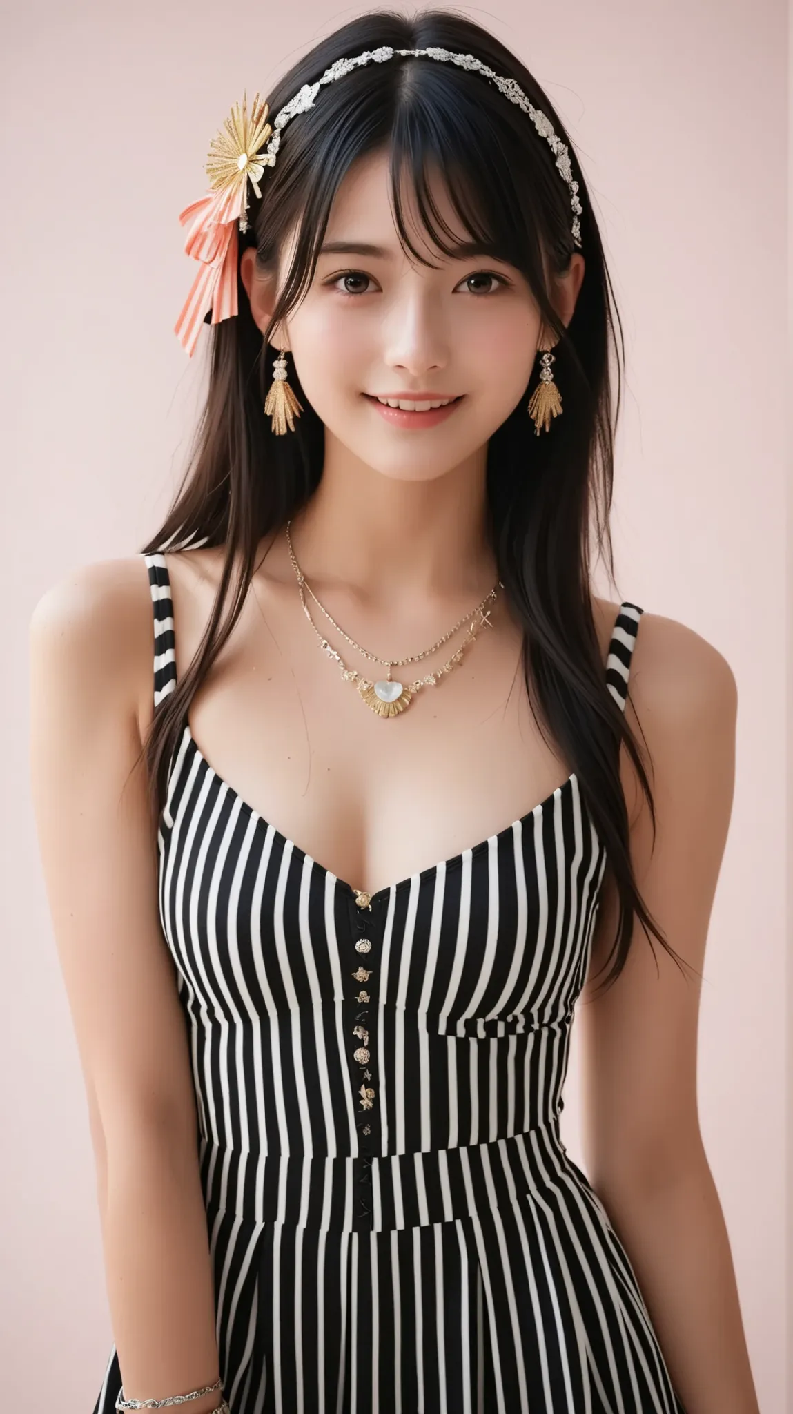 A cheerful Japanese woman with long straight black hair, smiled warmly while touching her chin gently. She wore a stylish dress Toska-colored idol sparkles with silver-frined vertical stripes and a short skirt. Accessories she wore included matching bracel...