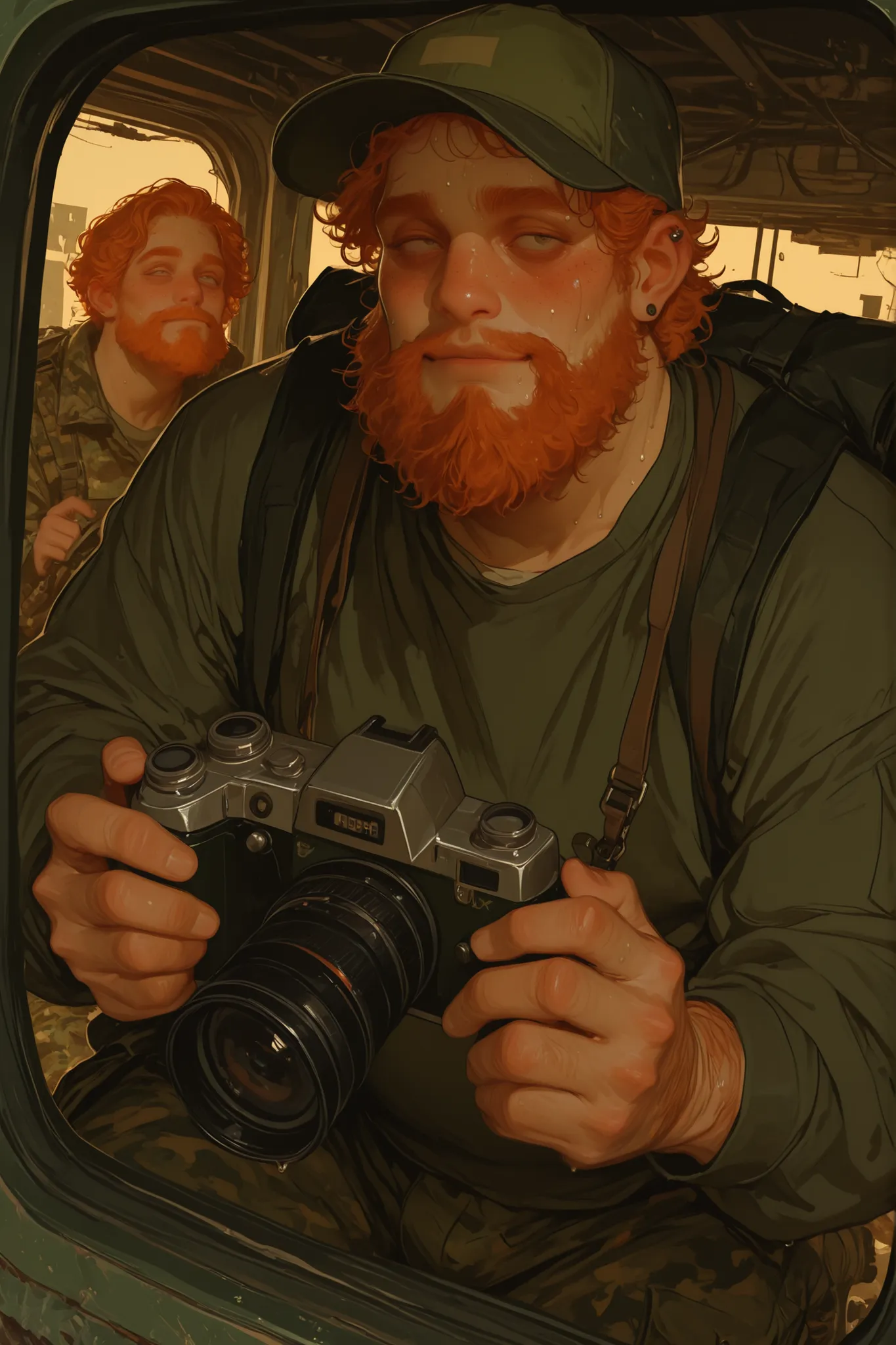 1zx man 2d semi realistic image of a Chubby plus size, fat, short young adult man with soft chest and wide hips, chubby and plus size. Wearing green baseball cap with shoulder length curly messy ginger hair, thick ginger unibrow, thick hairy unibrow, hairy...