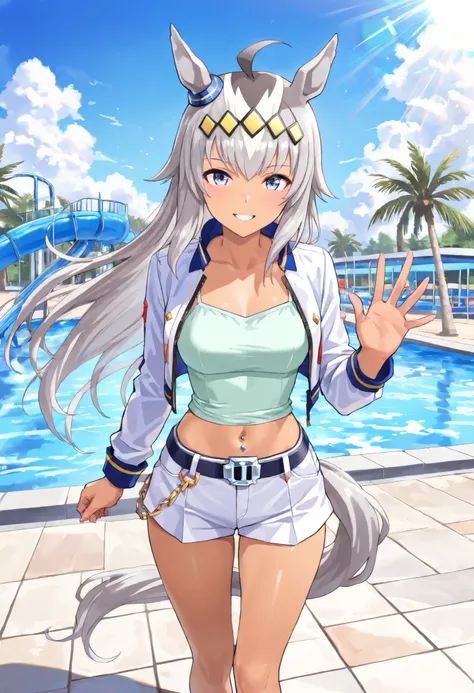 (masterpiece, best quality, perfect face:1.4), wide angle, oguri cap \(umamusume\), 1girl, blue eyes, multicolored hair, long hair, grey hair, ahoge, hair ornament, horse ears, horse tail, tail on the lower back, proportional body, proportional, beautiful ...