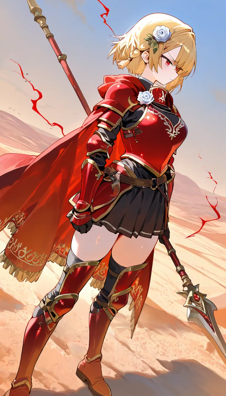 (beautiful girl : 1.3),1 girl,(Red Armor,red cloak with white embroidery,White rose hair accessory,thigh,boots),blonde,short hair,small braids,anger, abusive,Holding a spear, desert,runs,Red and white aura from a spear,active,Dynamic Angle,masterpiece,Highest Quality,rich contrasts,high image quality,8k,High Definition CG Unit Wallpaper,texture,Incredibly Absurd, RAW photos ,Deep Boundaries 1 .2,Very Detailed
