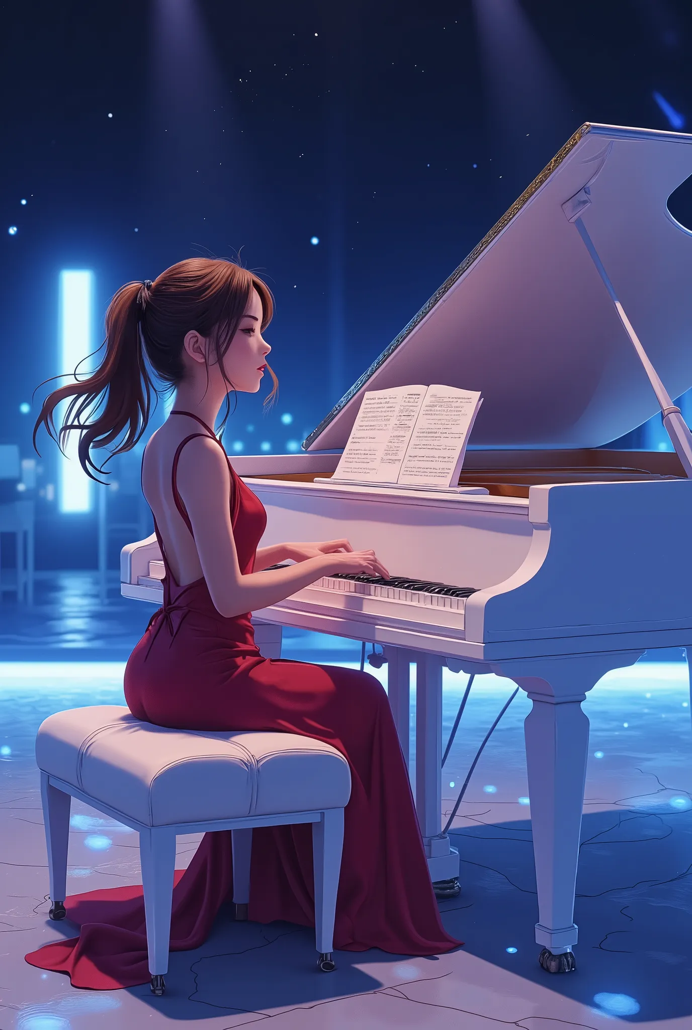 score_9,score_8_up, score_7_up, ((anime style)), a young woman, Barbara Palvin, sitting on a piano bench, playing a white piano, on a stage with blue lights below the piano, she wears an elegant red dress, scenario, plays with your eyes closed because of e...