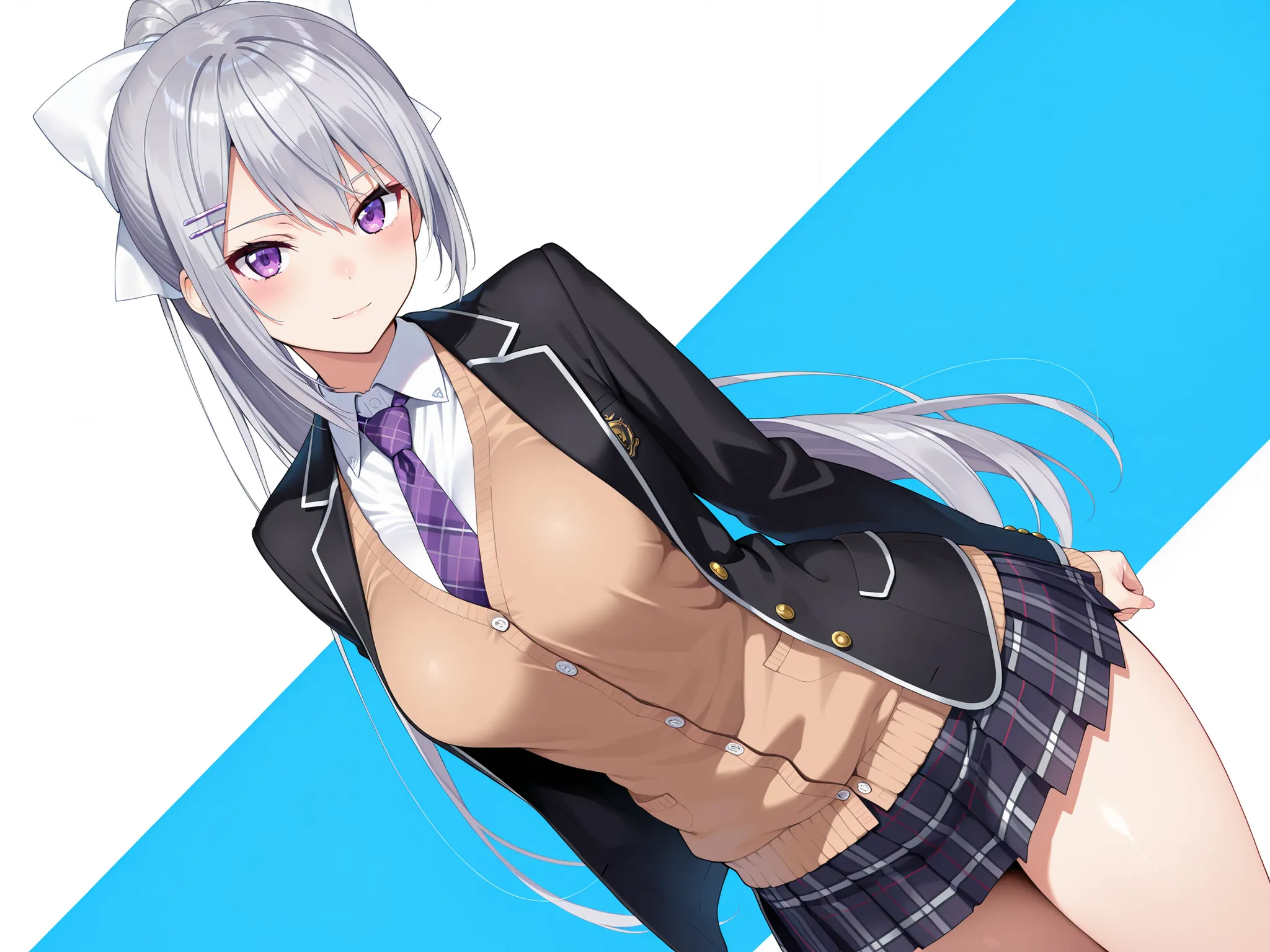 masterpiece,best quality, amazing quality, highres, absurdres, very aesthetic, high resolution, ultra detailed, perfect details,nijikaede,purple eye,grey hair,long eyelashes,long hair,ponytail,white bow,hair pin,nijikaedecos,white shirt,purple necktie,plai...
