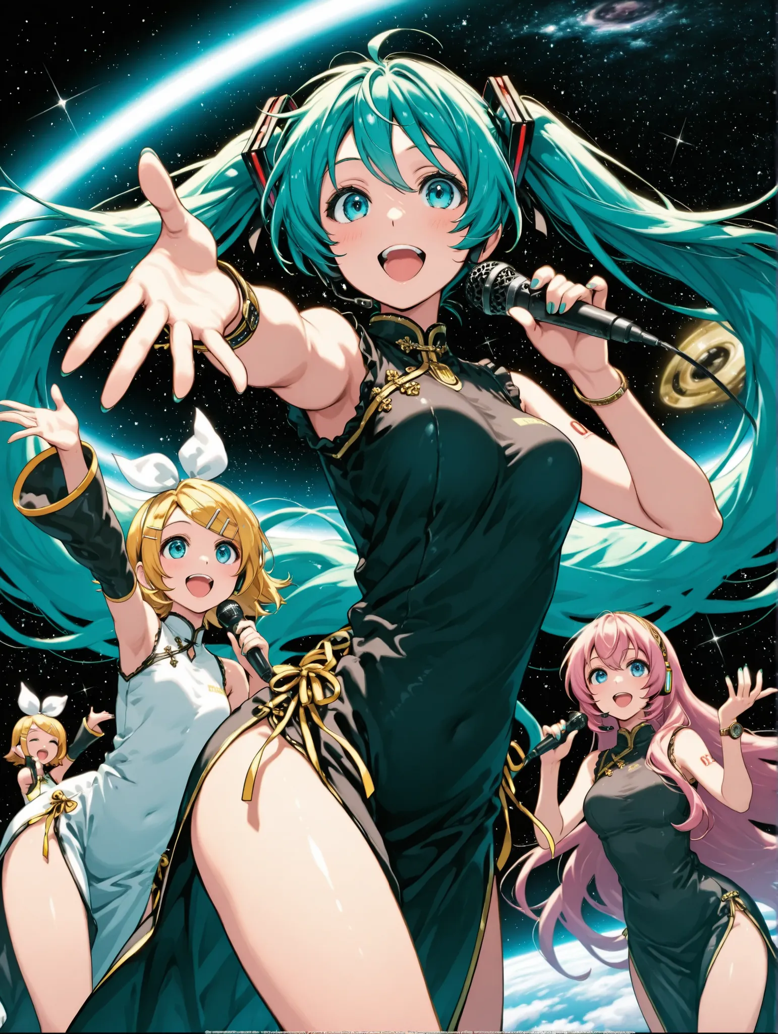 (masterpiece、Highest Quality、Highest Quality、Official Art、beautiful and beautiful:1.2)、, 3 girls practicing dancing in a pop studio(Hatsune Miku& Kagamine Rin&Megurine Luka）、beautiful breasts、bun hair、 watch viewers, smile,china dress、open your mouth, blue...