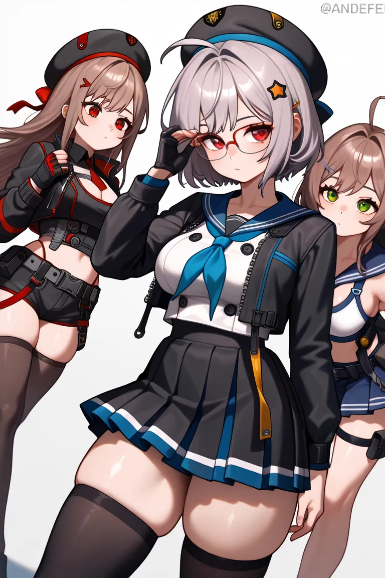 Trio, 3 girls, rapidef, red eyes, brown hair, long hair, bangs, beret, black jacket, cropped jacket, red necktie, gloves, black shirt, belt, thighhighs, anisdef, ahoge, short hair, brown hair, hair ornament, beret, black jacket, open clothes, cleavage, midriff, black shorts, black thighhighs, thigh strap, fingerless gloves, single glove, large breasts, (neondef, green eyes, grey hair, bangs, long hair, glasses, hair bow, hairclip, beret, blue sailor collar, blue neckerchief, white shirt, swimsuit under clothes, pleated skirt, gloves, thighhighs, three-shot