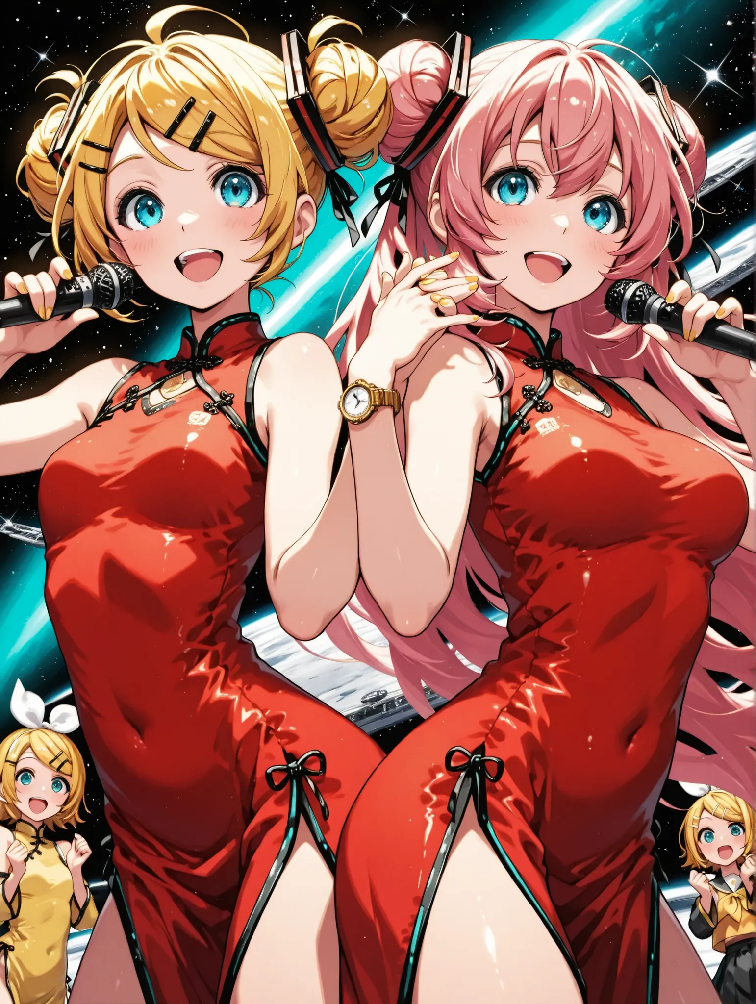(masterpiece、Highest Quality、Highest Quality、Official Art、beautiful and beautiful:1.2)、Three girls practicing dancing in a pop studio(Hatsune Miku& Kagamine Rin&Megurine Luka)、beautiful breasts、bun hair、 watch viewers, smile,red china dress、open your mouth...