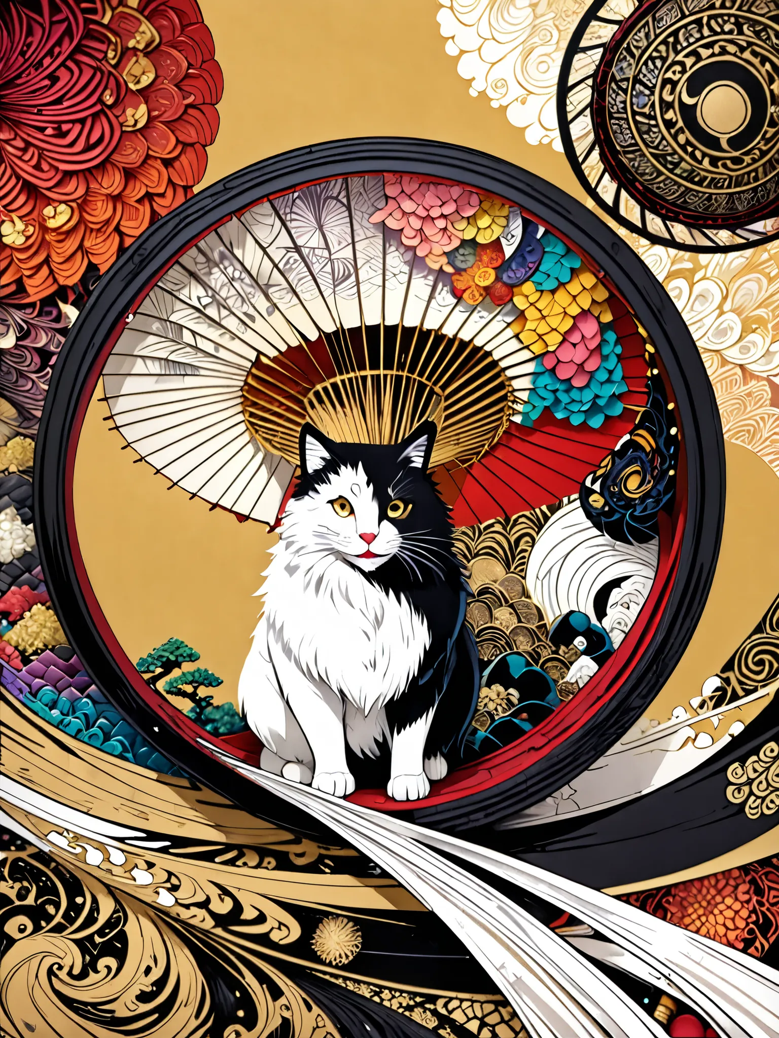 Wrap a white fur stole around your neck , smiles shyly, numerous beautiful Japanese umbrellas, chaos, very beautiful red object, ((( gold background, Plum World))), 8k wallpaper with a sense of unity, ultra details, beautifully refined, Highest Quality, (...