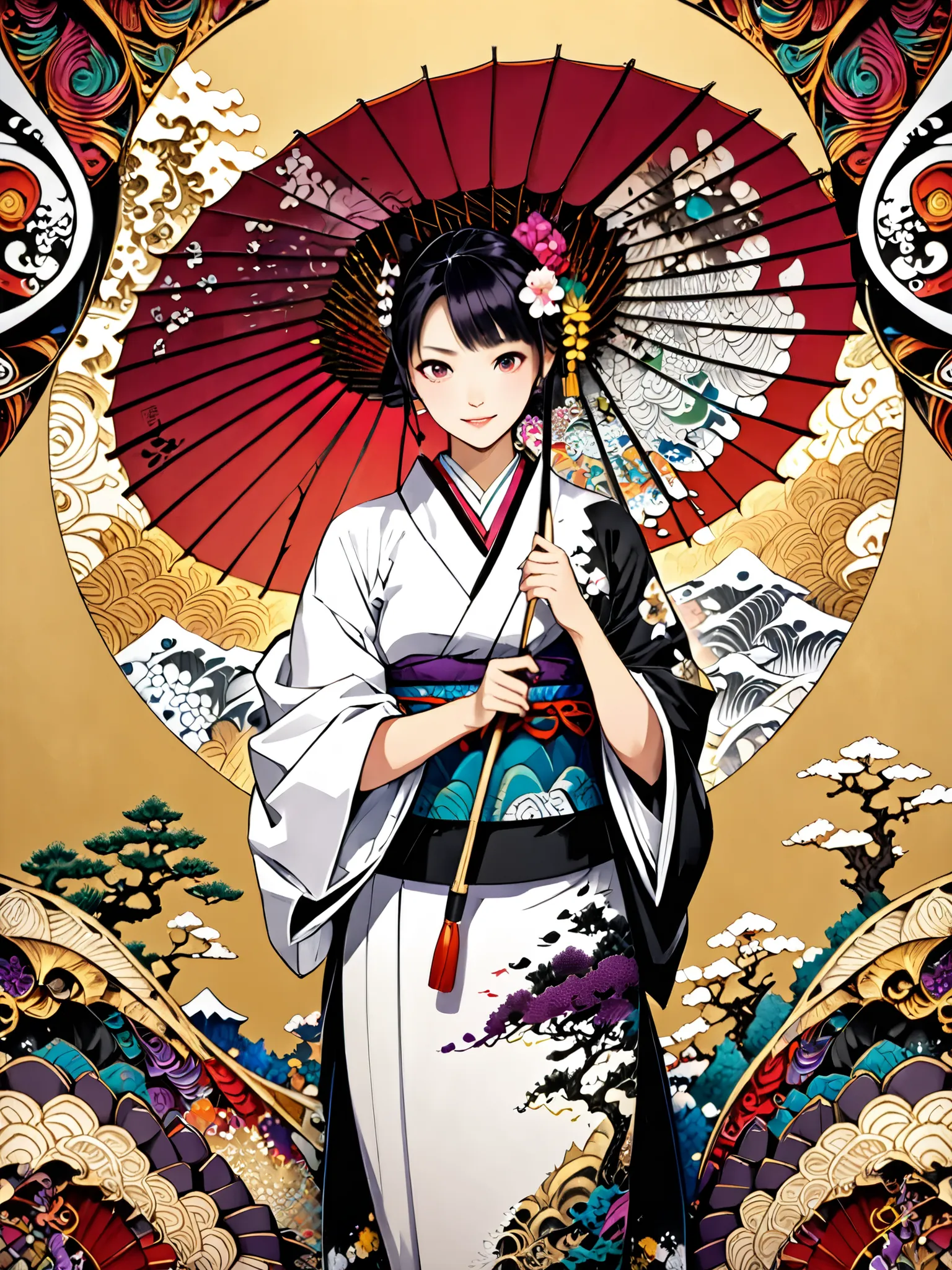 Wrap a white fur stole around your neck , smiles shyly, numerous beautiful Japanese umbrellas, chaos, very beautiful red object, ((( gold background, Plum World))), 8k wallpaper with a sense of unity, ultra details, beautifully refined, Highest Quality, (...