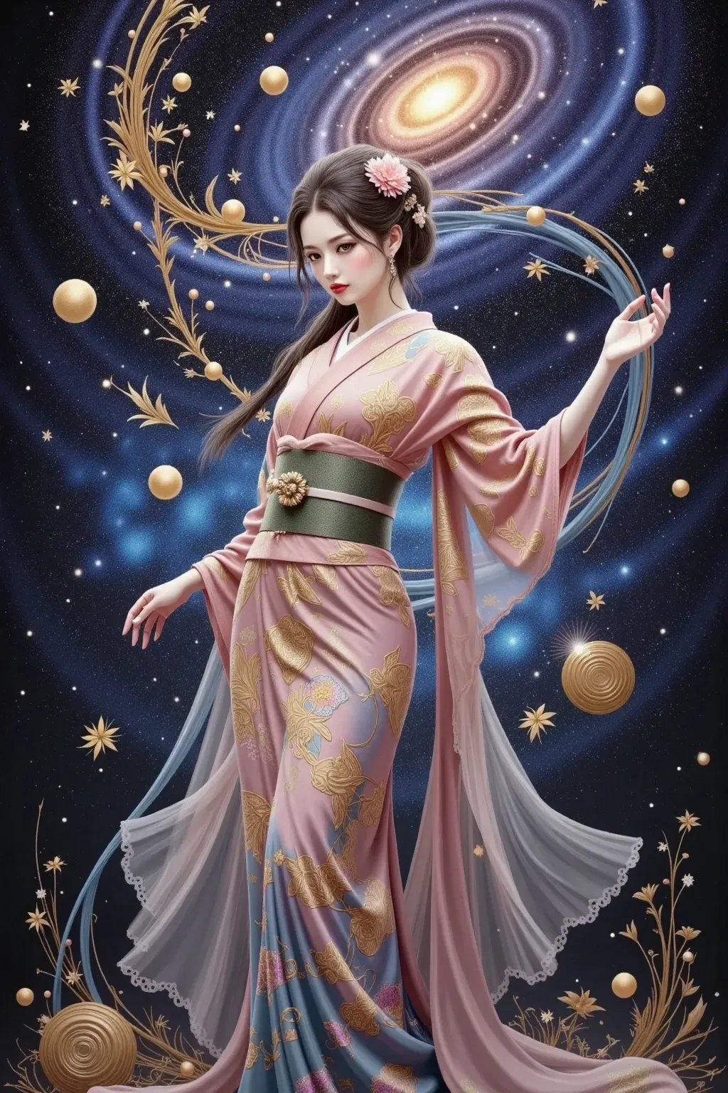 goddess、fantasy、天体fantasy、Precise Face,Mysterious Expression,Graceful Poses,Luxurious Outfits,Mysterious Light,Stars in the night sky,planet,Milky Way,Surrealism、Cinematic Lighting、Detailed depiction,８K Digital Art,realistic,Super Fine,PROFESSIONAL,HDR,Superb Details,high quality,vivid colors,bokeh