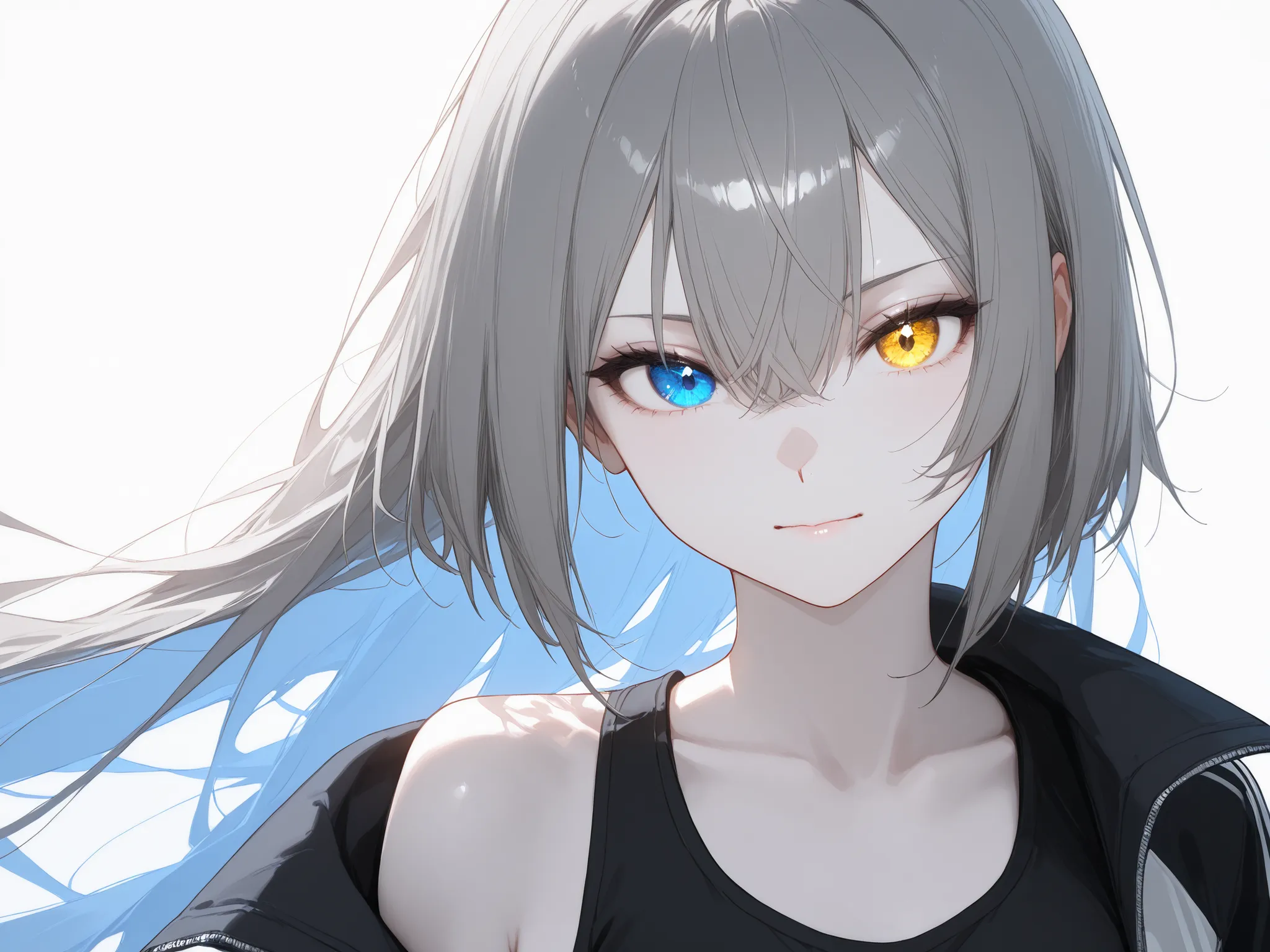 1girl, solo, masterpiece, best quality, anime style, portrait, heterochromatic eyes ((left yellow eyes, right blue eyes)), silver ash gray hair only, layered bob cut, pale skin, soft lighting, white background, gray brown hair, detailed hair shading, long ...