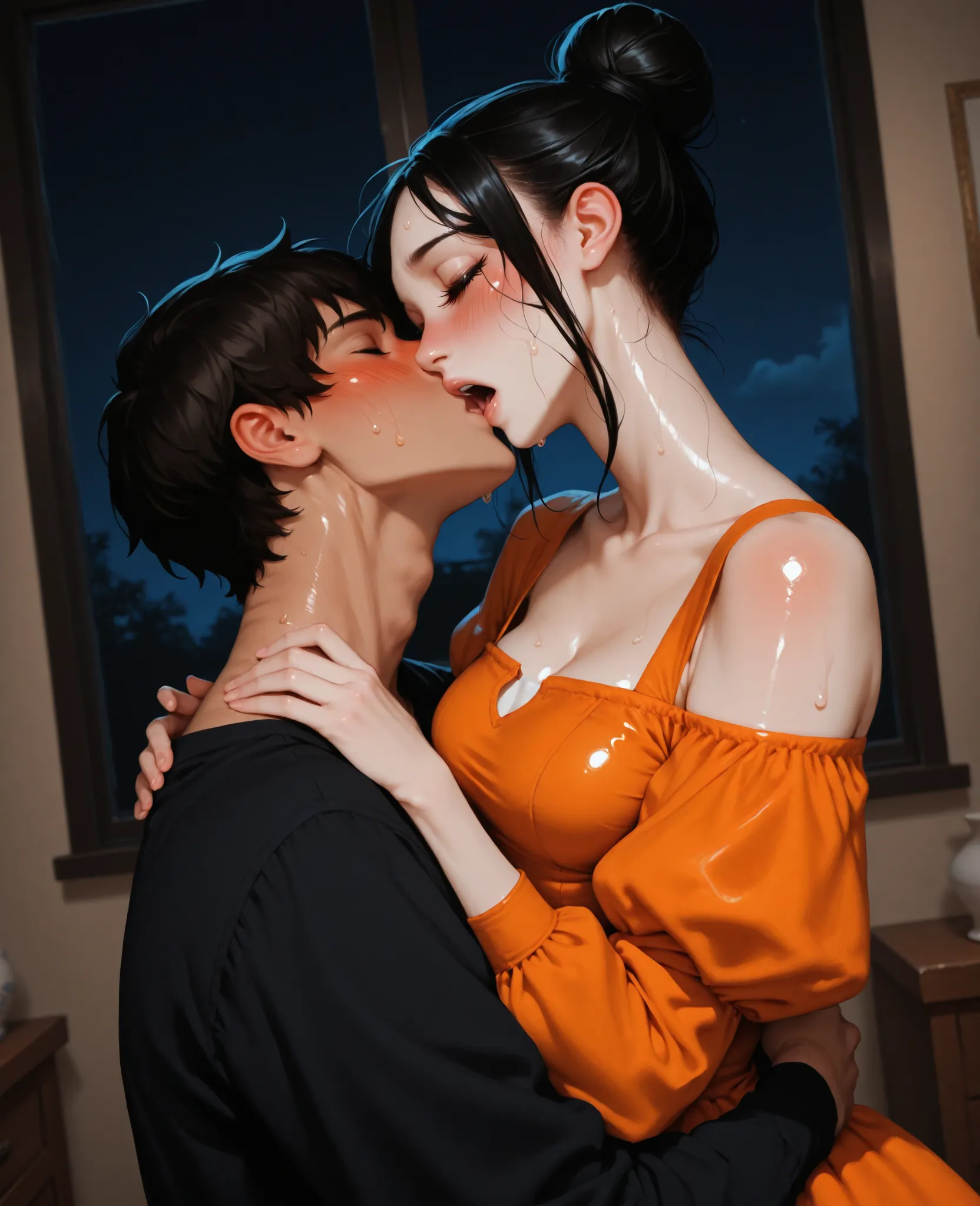 score_9, score_8_up, score_7_up, 1woman, solo, hair, closed eyes, white milky porcelain skin, white-skinned female, big eyelashes, black hair in a bun, lovely medium breasts, perfect body, orange maxi dress with puffy sleeves and a square neckline, messy c...