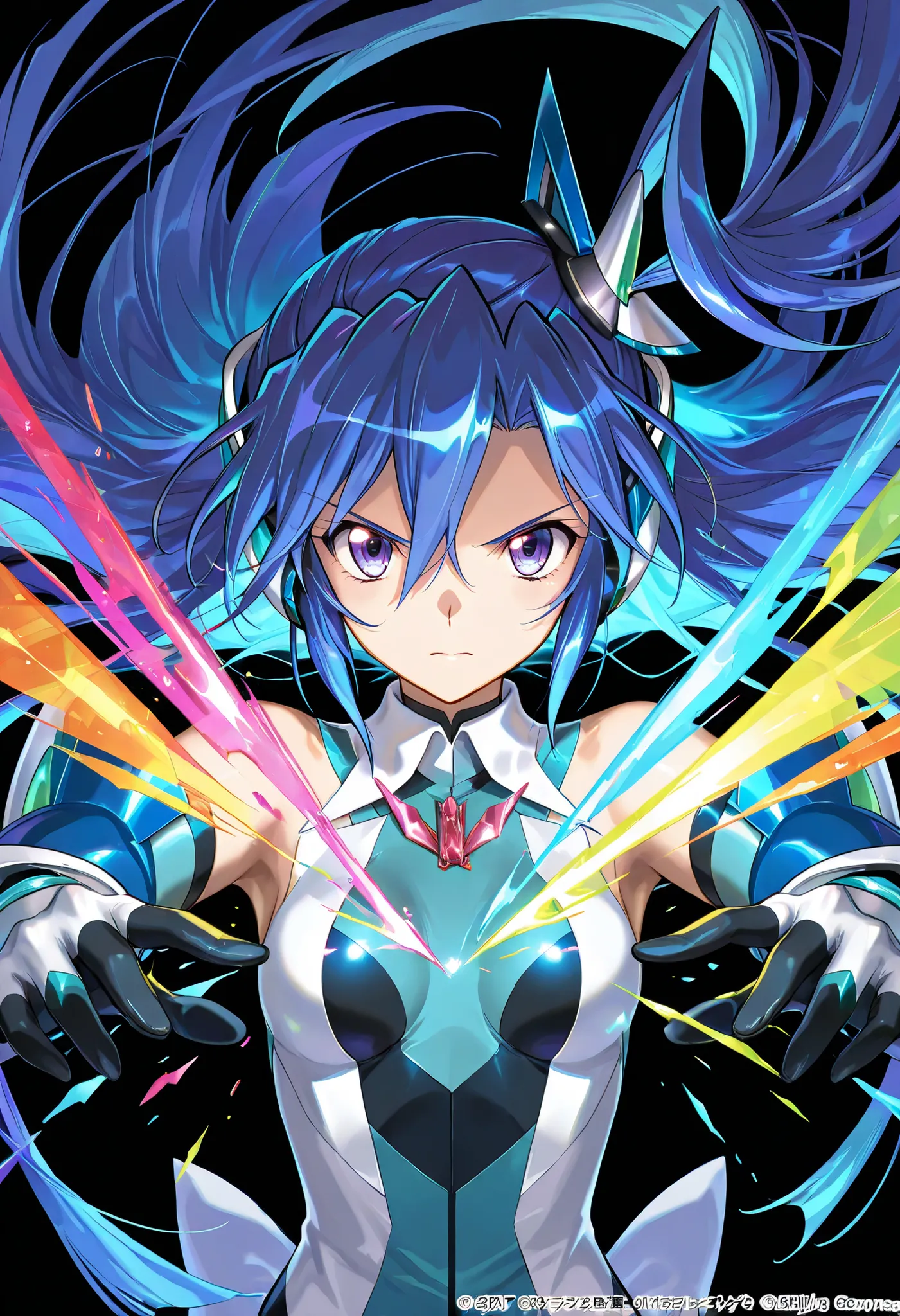 solo,symphogear,Kazanari Tsubasa, Black background,colorful, lively, Shining Contours ,neon,colorful、Official Art、,viewer, masterpiece, Very Aesthetic、battle pose、Light powder、neon Hair、Swinging Hair、chest swaying up and down