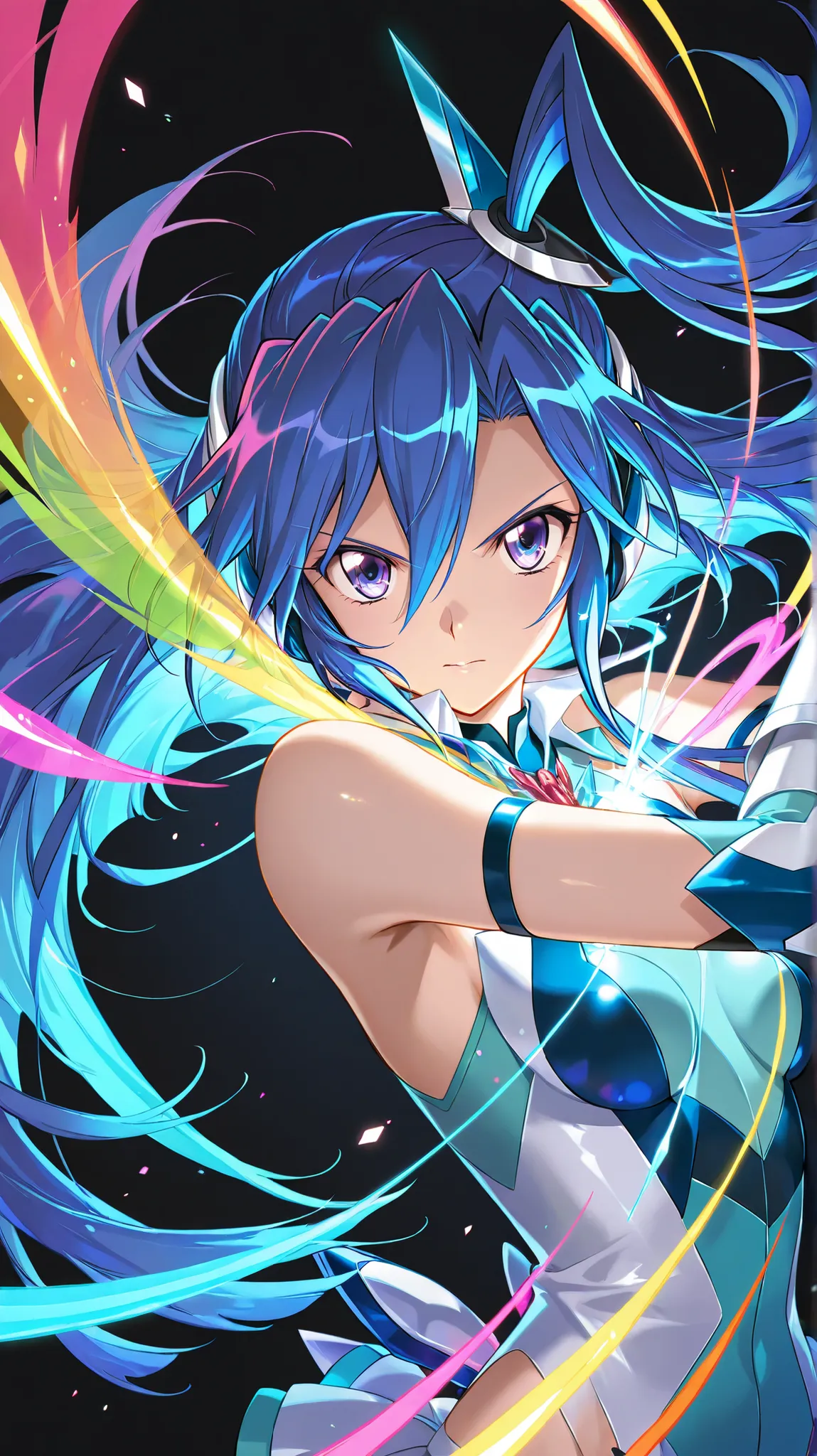 solo,symphogear,Kazanari Tsubasa, Black background,colorful, lively, Shining Contours ,neon,colorful、Official Art、,viewer, masterpiece, Very Aesthetic、battle pose、Light powder、neon Hair、Swinging Hair、chest swaying up and down