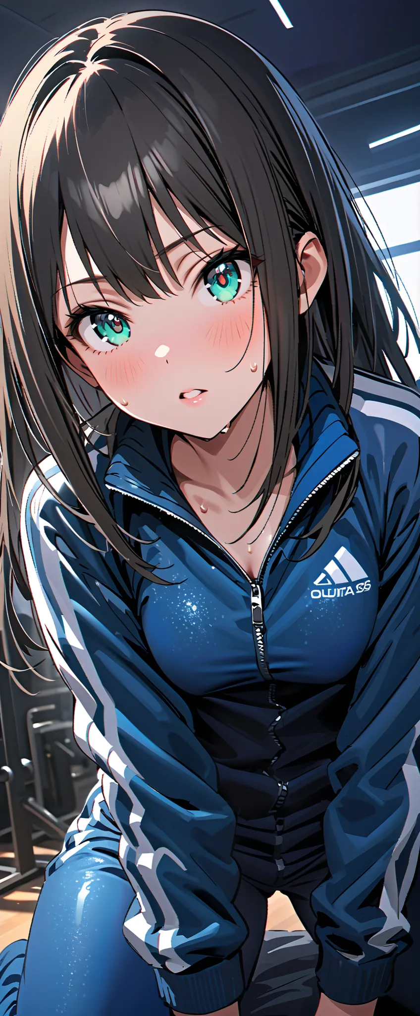 (((graphite))),(beautiful girl: 1.3),1girl,shibuya rin,masterpiece, Highest quality, Ultra-high resolution,rich contrast,super high quality,8k,Highly detailed CG unit wallpaper,texture,Incredibly absurd,Ultra-high resolution,RAW Photos,Depth of Field 1.2,Ultra-detailed eyes,Glowing Skin,Glitter effect,Beautiful glossy lips,(Blue sweatpants:1.3), (The jacket is a blue track jacket: 1.2),Doing crunches,Training Room,(((sweat))),beautiful green eyes,