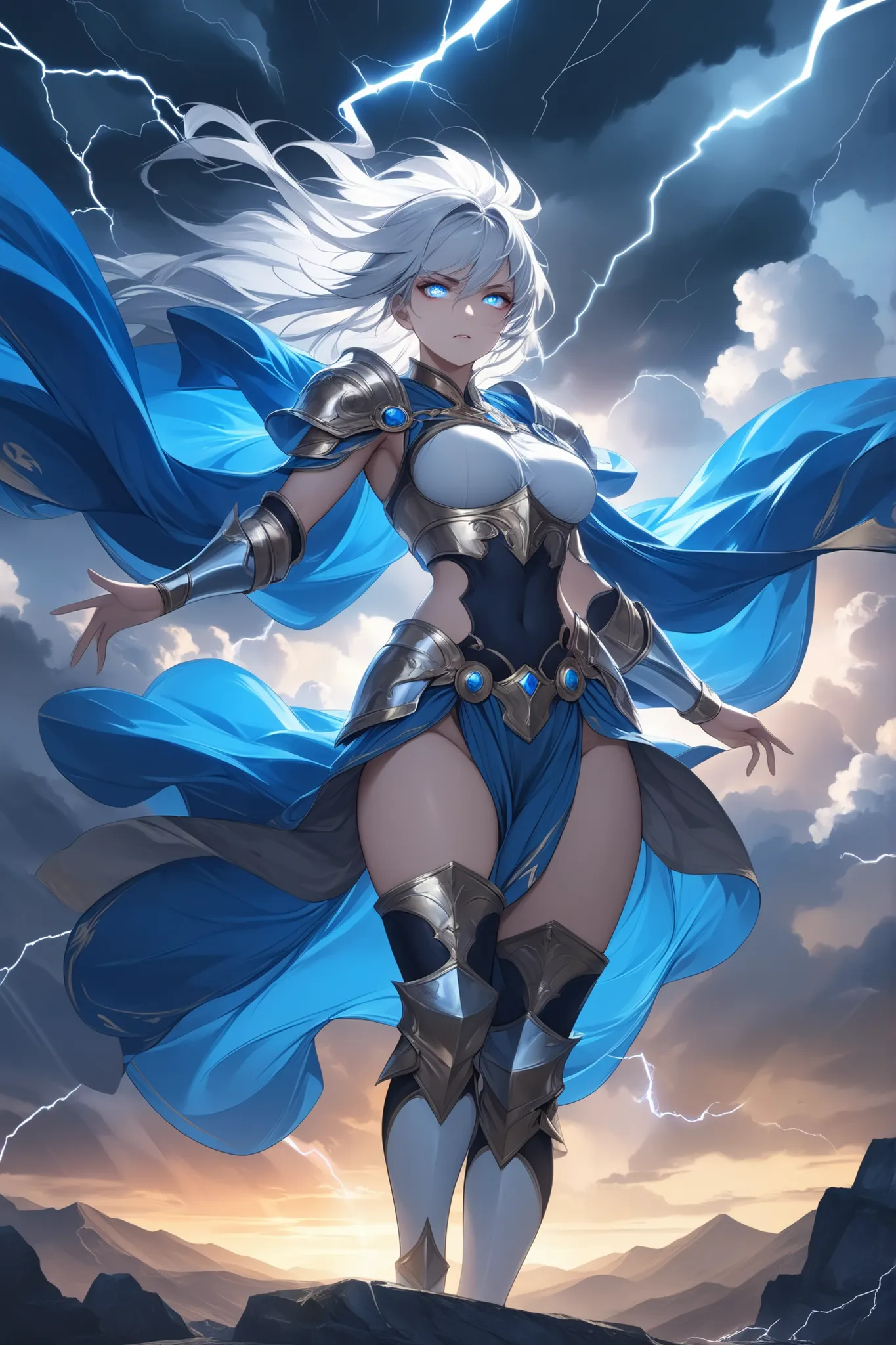 ((masterpiece)), ((RAW 4K)), ((extreme detail)), ((extreme eye detail)), ((extreme cloth detail)), ((beautiful face)),
a powerful female Zeus-inspired war goddess standing on a stormy mountaintop, wearing elegant Greek-style battle armor with flowing blu...
