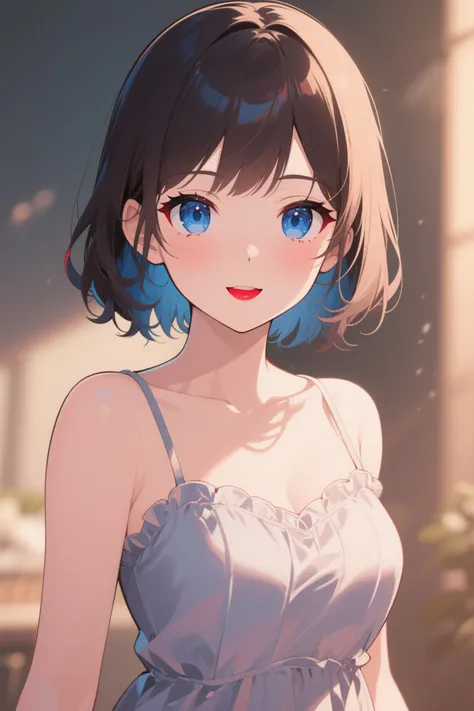 Anime, female portrait, beautiful art style, detailed portrait of cute face, one  girl, pretty face, blue eyes, red lips, makeup, 