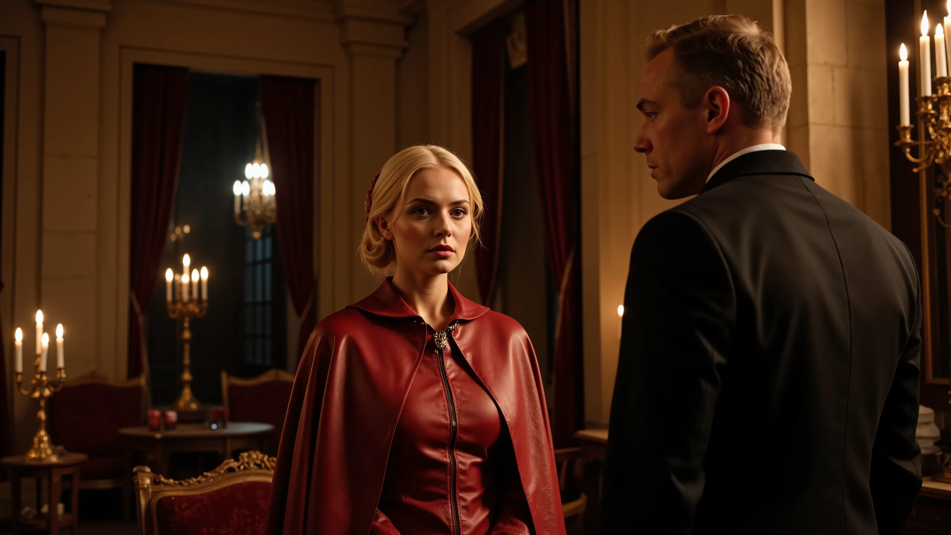 June from The Handmaid’s Tale, wearing a striking red leather cape outfit, standing face-to-face with a Gileadean Commander in a dark formal uniform inside a grand, dimly-lit Gileadean mansion. Tension in their eyes, June’s expression defiant yet controlle...