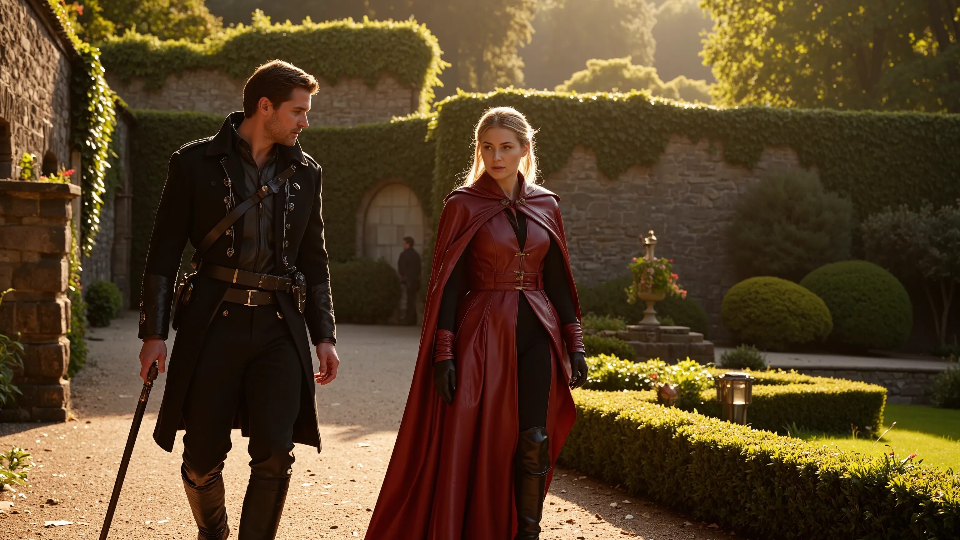 June in a red leather cloak walks side-by-side with a Gileadean Commander in a secret garden at dusk. The scene is backlit by fading golden sunlight, casting long shadows on gravel paths and trimmed hedges. Vines crawl up stone walls. They speak in hushed ...