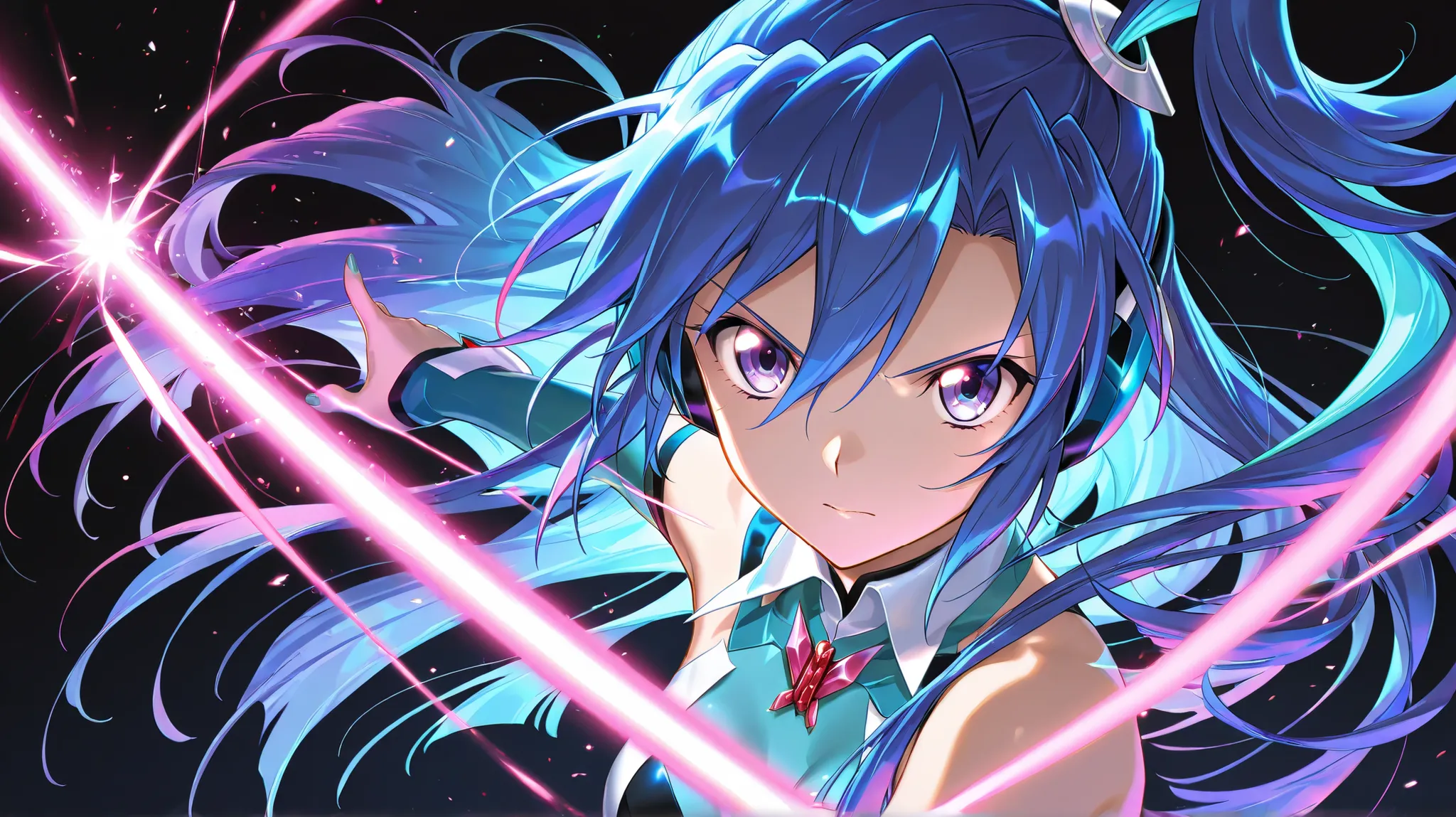 solo,symphogear,Kazanari Tsubasa, Black background,colorful, lively, Shining Contours ,neon,colorful、Official Art、,viewer, masterpiece, Very Aesthetic、battle pose、Light powder、neon Hair、Swinging Hair、chest swaying up and down