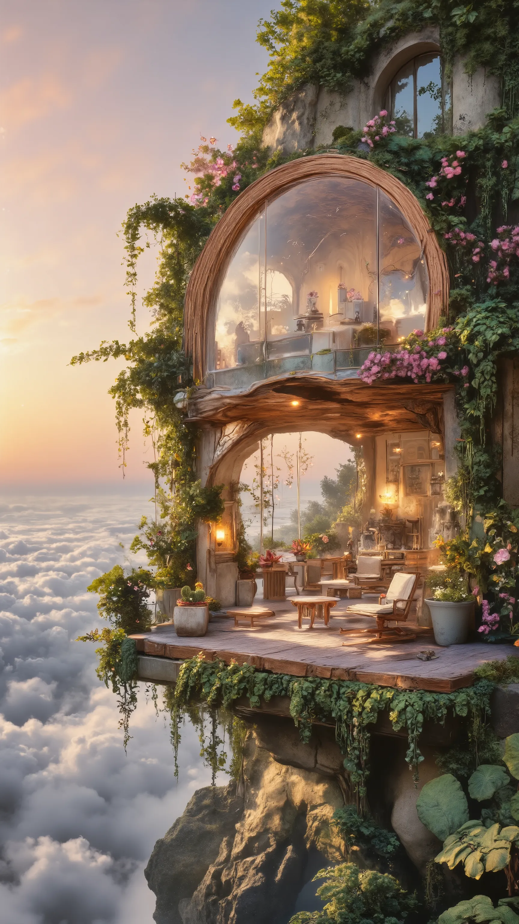 A dreamy, relaxing sanctuary floating gently above the clouds, designed as a garden terrace surrounding a glass-walled dreamhouse with curved wooden beams and hanging plants. The view is wide and open, showing endless cottony clouds below and soft pink-ora...