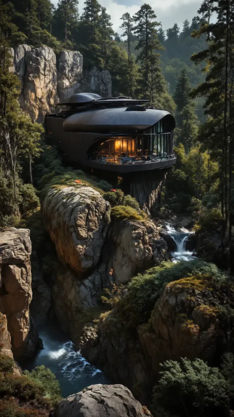 A cinematic wide-angle view of a sleek, ultra-modern mansion carved directly into a rugged cliff face, surrounded by towering pine trees. The exterior is matte black stone, steel, and curved glass, partially camouflaged by moss and rock. Water cascades bes...