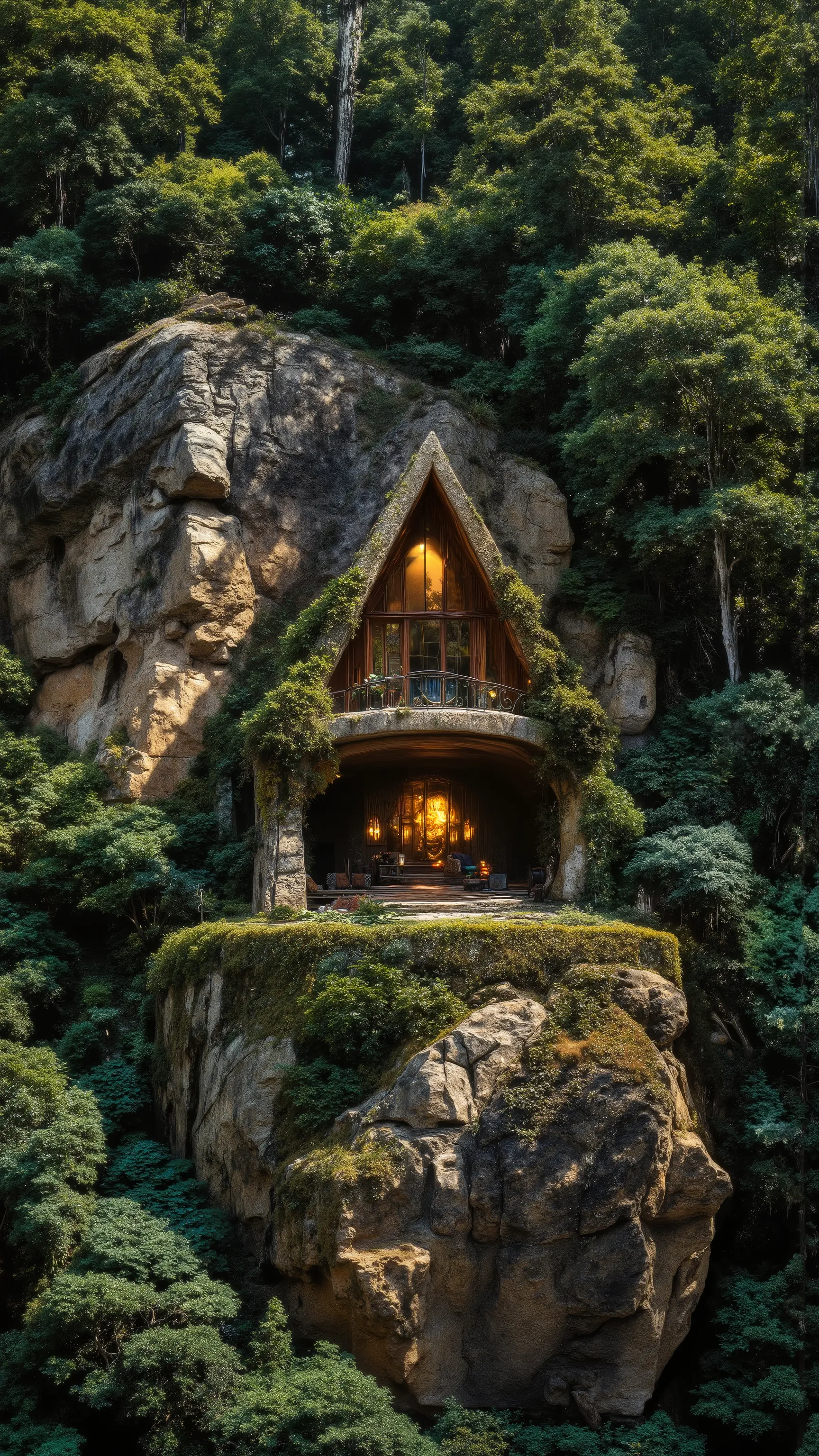 A majestic, bunker-style mansion built into the base of a forested mountain, partially hidden beneath a canopy of trees and earth. Wide angle reveals stone stairs descending into an angular entrance embedded in a mossy rock wall. Above, a minimalist glass ...
