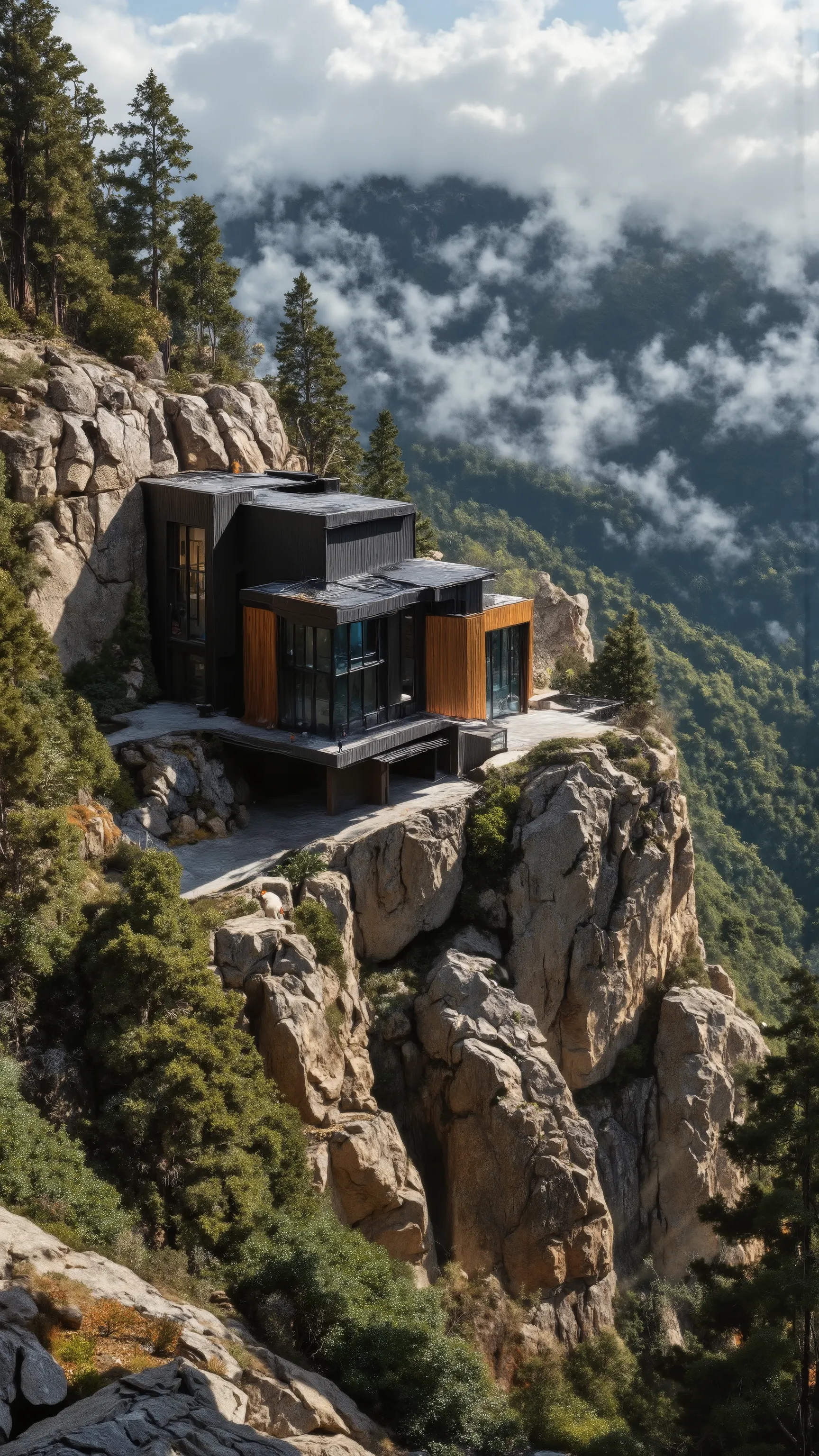 A large, luxurious mansion perched on a rocky overlook, surrounded by dense fog and alpine forest. The structure is bold yet organic — blackened steel, volcanic stone, and warm wood. Giant glass panels offer sweeping views of the forest below. A hidden low...