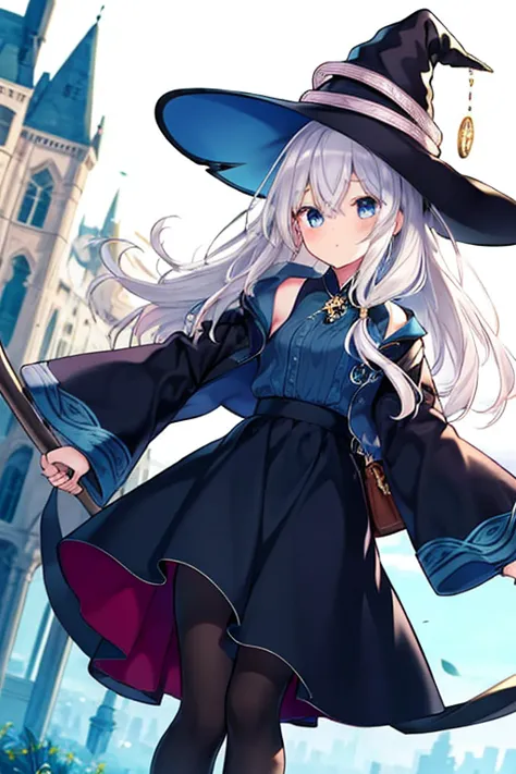 Elaina,1 girl,Blue clothes,black skirt,Best Quality,black,tights,witch,椅子に座っている,