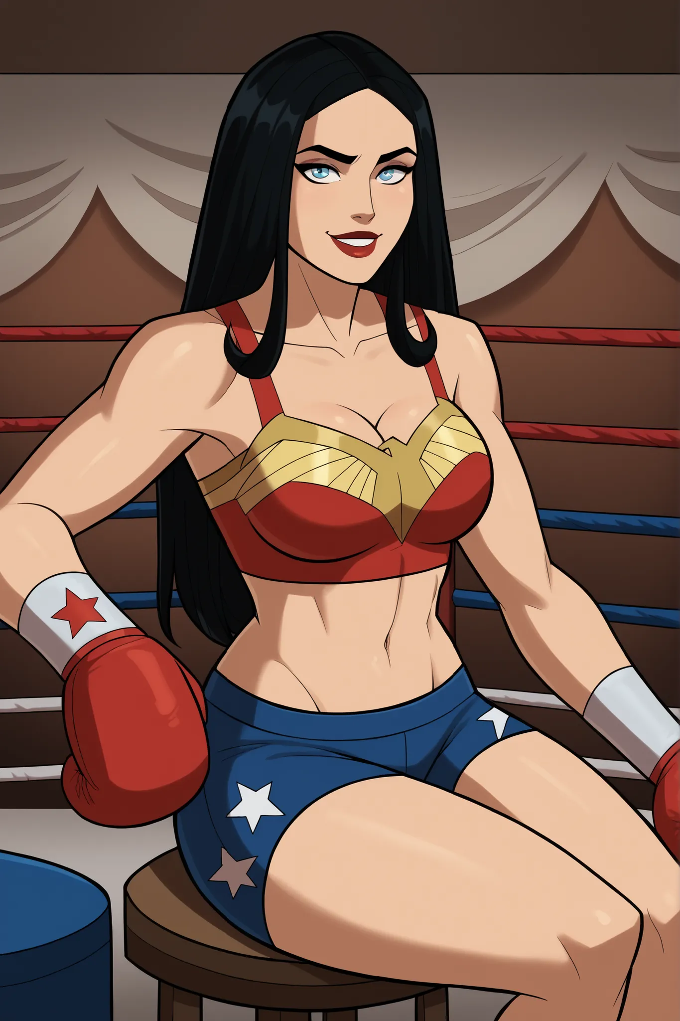 safe_pos, score_9, score_8_up, score_7_up, score_6_up, BREAK, solo, 1girl, wonderwoman, long hair, black hair, blue eyes, large breasts, cleavage, curvy, athletic, smile, bedroom eyes, happy expression, looking at viewer, wide hips, lipstick, makeup, red s...