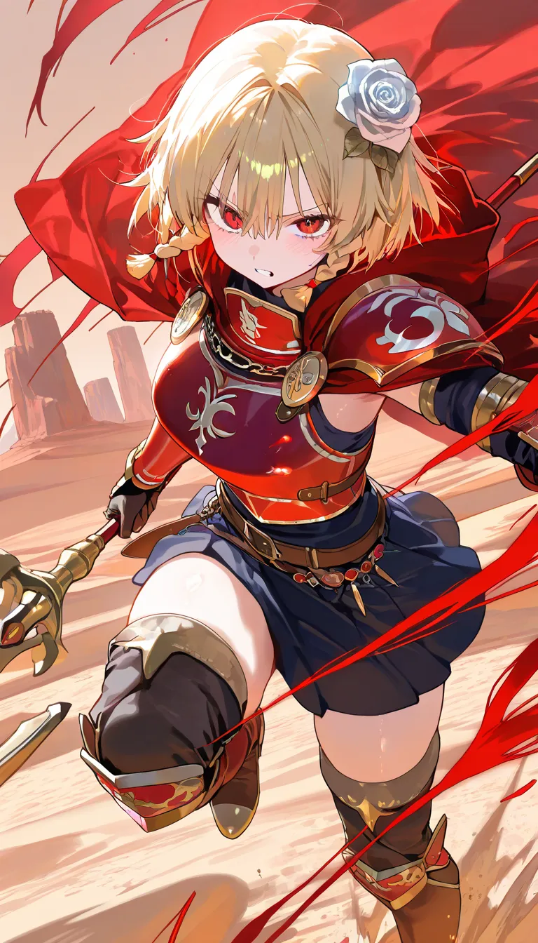 (beautiful girl : 1.3),1 girl,(Red Armor,red cloak with white embroidery,White rose hair accessory,thigh,boots),blonde,short hair,small braids,anger, abusive,Holding a spear, desert,runs,Red and white aura from a spear,active,Dynamic Angle,masterpiece,Highest Quality,rich contrasts,high image quality,8k,High Definition CG Unit Wallpaper,texture,Incredibly Absurd, RAW photos ,Deep Boundaries 1 .2,Very Detailed