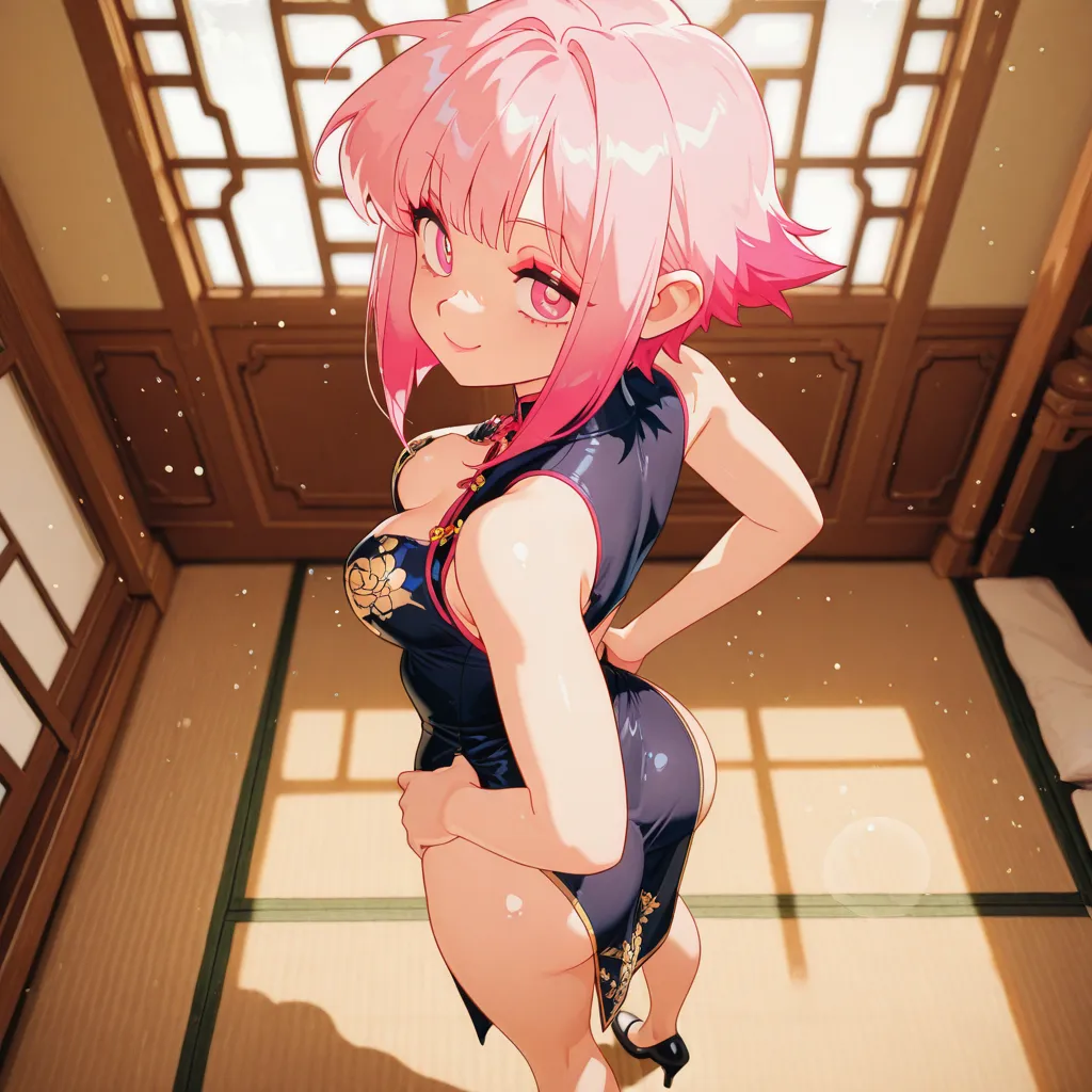 masterpiece, best quality, 2d, master shading, flat illustration, datailed, anime style, neo-pop, infographic design, linear drawing, vector tracing, 1 girl, alone, medium breasts, looking at viewer, pink eyes, puffy eyes, pink hair, gradient colored hair, long bob hair, disheveled hair, thin eyebrows, thin lips, closed mouth, smile in face, makeup, standing with sexy pose, pretty eyes, detailed eyes, ultra detailed clothes, sexy pose, ultra detailed image, back view, China dress, Hands on Hips, tatami room background, 3d shadow effects, particles in the air, shiny skin, full body portrait, athletic body, black high heels, detailed japanese room blackground, low angle photography, bokeh background, profesional photography