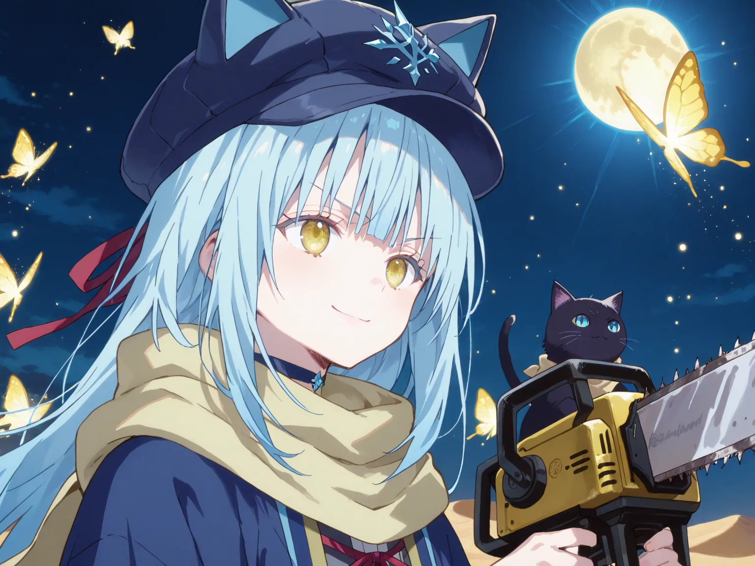anime screencap, {pretty girl}、{shina mahiru style}、{rimuru style}、best quality、 intricate, blue hair, yellow eyes,long hair、v-shaped eyebrows、{{put on a black cat-ear hat}}、choker、{yellow scarf}、side view、{serious, smile}、{blue paladin robe}、desert、night、{hanekoto style}、{{Glittering}}、{shiny butterfly,magic effect} 、colorful light particles、blue eyes、blue hair、short hair、choker、fantasy、{{holding, chainsaw, two-handed}}、{{hold a  chainsaw and take aim}}、{{with blue cat}}、{{chibi-style anime illustration}}、{{frost nova}}、{{red ribbon}}、{{White Spelling ’’ogg’’ on the hat}}、moon background、moon light、directional light 、stand、blunt bangs、{{bluer cat ears}}、golden light