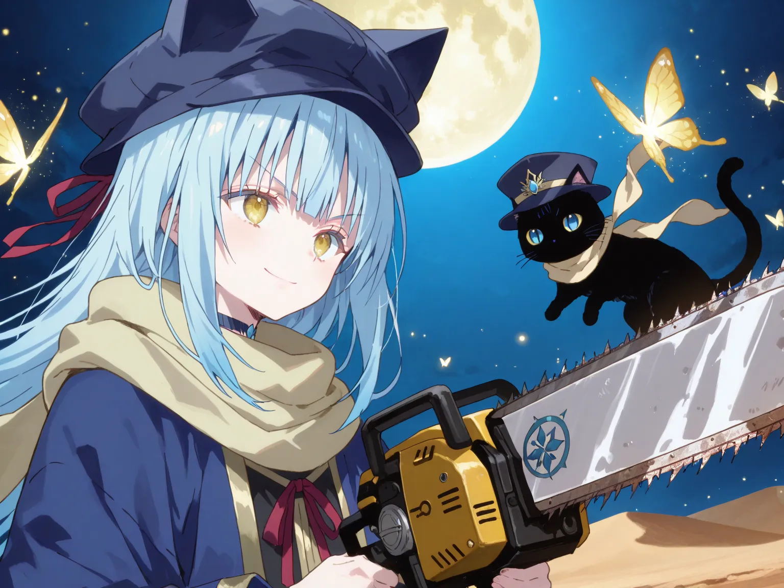 anime screencap, {pretty girl}、{shina mahiru style}、{rimuru style}、best quality、 intricate, blue hair, yellow eyes,long hair、v-shaped eyebrows、{{put on a black cat-ear hat}}、choker、{yellow scarf}、side view、{serious, smile}、{blue paladin robe}、desert、night、{hanekoto style}、{{Glittering}}、{shiny butterfly,magic effect} 、colorful light particles、blue eyes、blue hair、short hair、choker、fantasy、{{holding, chainsaw, two-handed}}、{{hold a  chainsaw and take aim}}、{{with blue cat}}、{{chibi-style anime illustration}}、{{frost nova}}、{{red ribbon}}、{{White Spelling ’’ogg’’ on the hat}}、moon background、moon light、directional light 、stand、blunt bangs、{{bluer cat ears}}、golden light