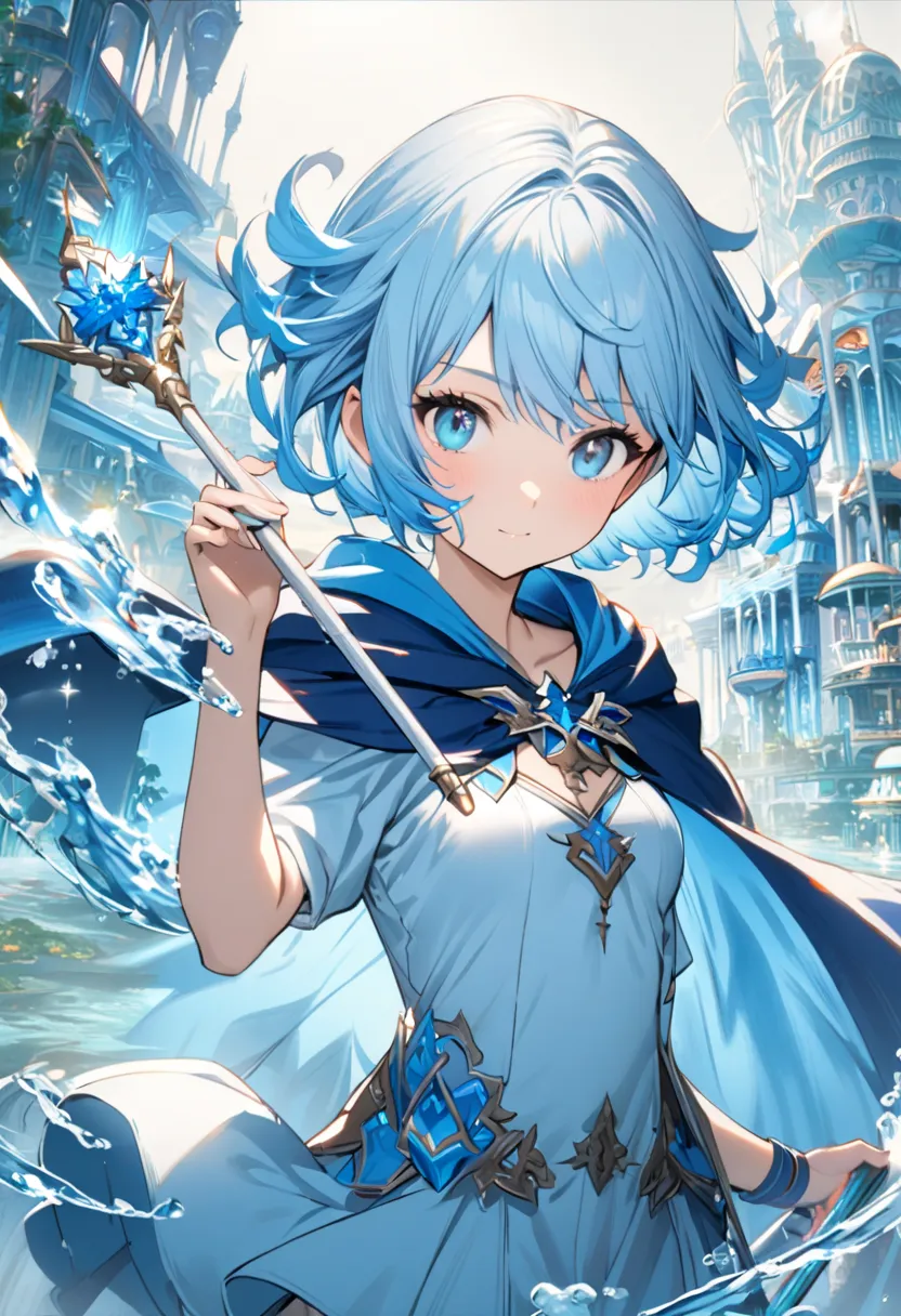 1 girl, light blue hair, short hair, pixie cut, (Wave Hair), light blue eyes, small breasts, (((Blue Fantasy Cloak))), (((light blue shirt))), (((Light Blue Skirt))), (Blue and White Boots), holding a cane, Sapphire Wand, Water City, (upper body)
